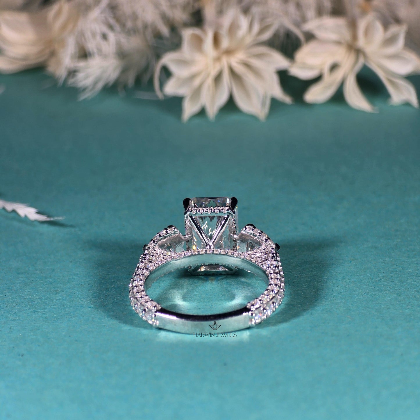 Radiant Cut Moissanite Engagement Ring, Side Stone Heart Cut Ring,Elongated Radiant,Three Stone Ring ,4.80 CT Pave Set Proposal Wedding Ring