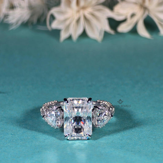Radiant Cut Moissanite Engagement Ring, Side Stone Heart Cut Ring,Elongated Radiant,Three Stone Ring ,4.80 CT Pave Set Proposal Wedding Ring