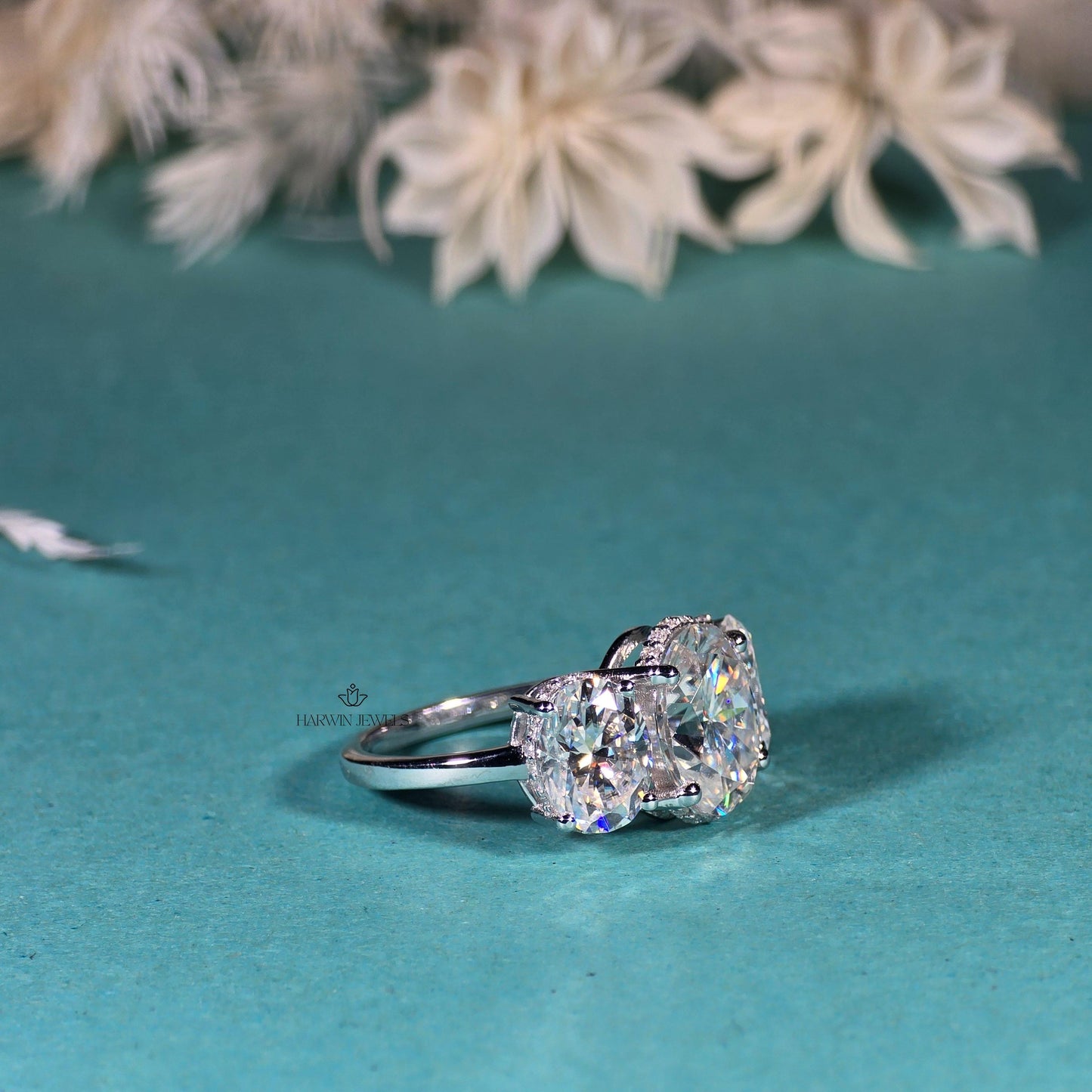 14K White Gold Three Stone Ring, 1.50 CT Oval Cut Moissanite Engagement Ring, Two Round Side Stone Wedding Ring, Anniversary Unique Gift