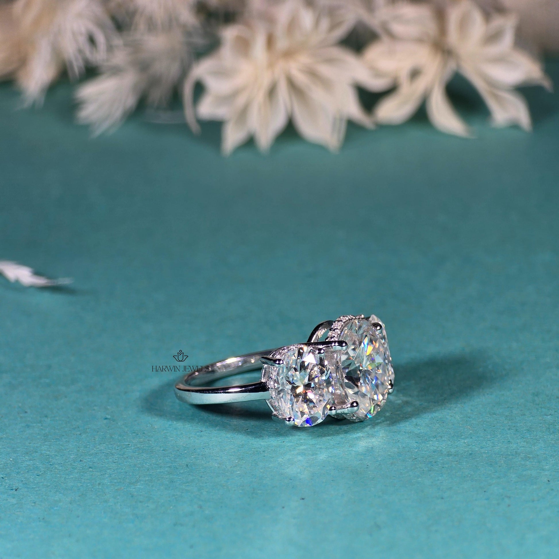 14K White Gold Three Stone Ring, 1.50 CT Oval Cut Moissanite Engagement Ring, Two Round Side Stone Wedding Ring, Anniversary Unique Gift