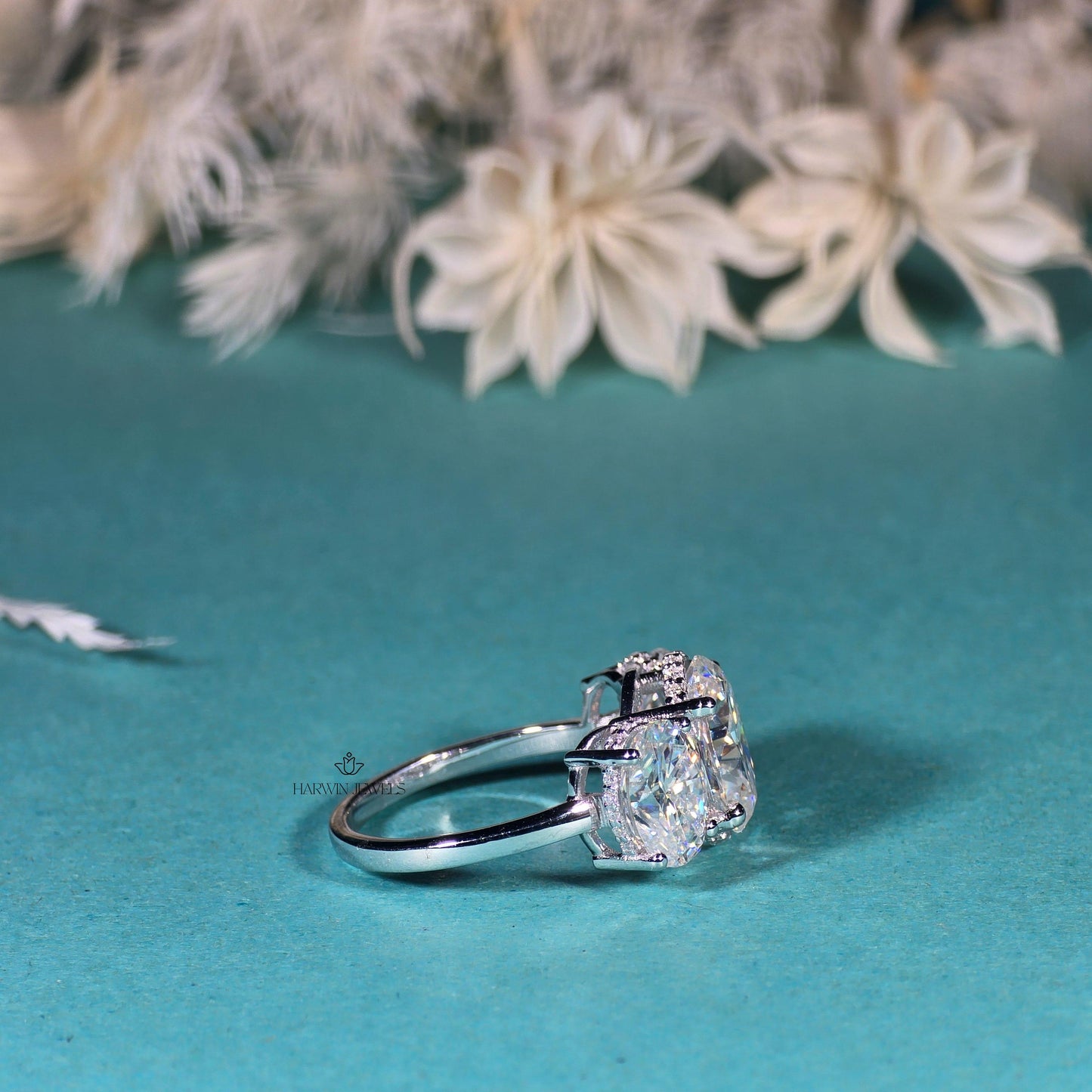 14K White Gold Three Stone Ring, 1.50 CT Oval Cut Moissanite Engagement Ring, Two Round Side Stone Wedding Ring, Anniversary Unique Gift