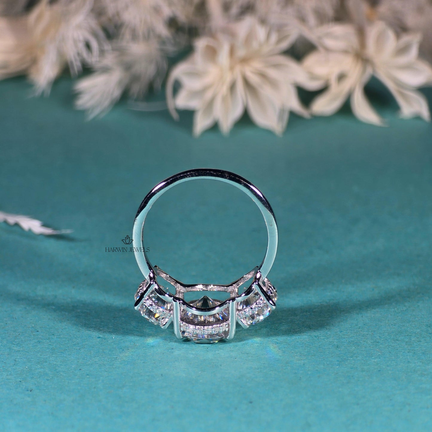 14K White Gold Three Stone Ring, 1.50 CT Oval Cut Moissanite Engagement Ring, Two Round Side Stone Wedding Ring, Anniversary Unique Gift