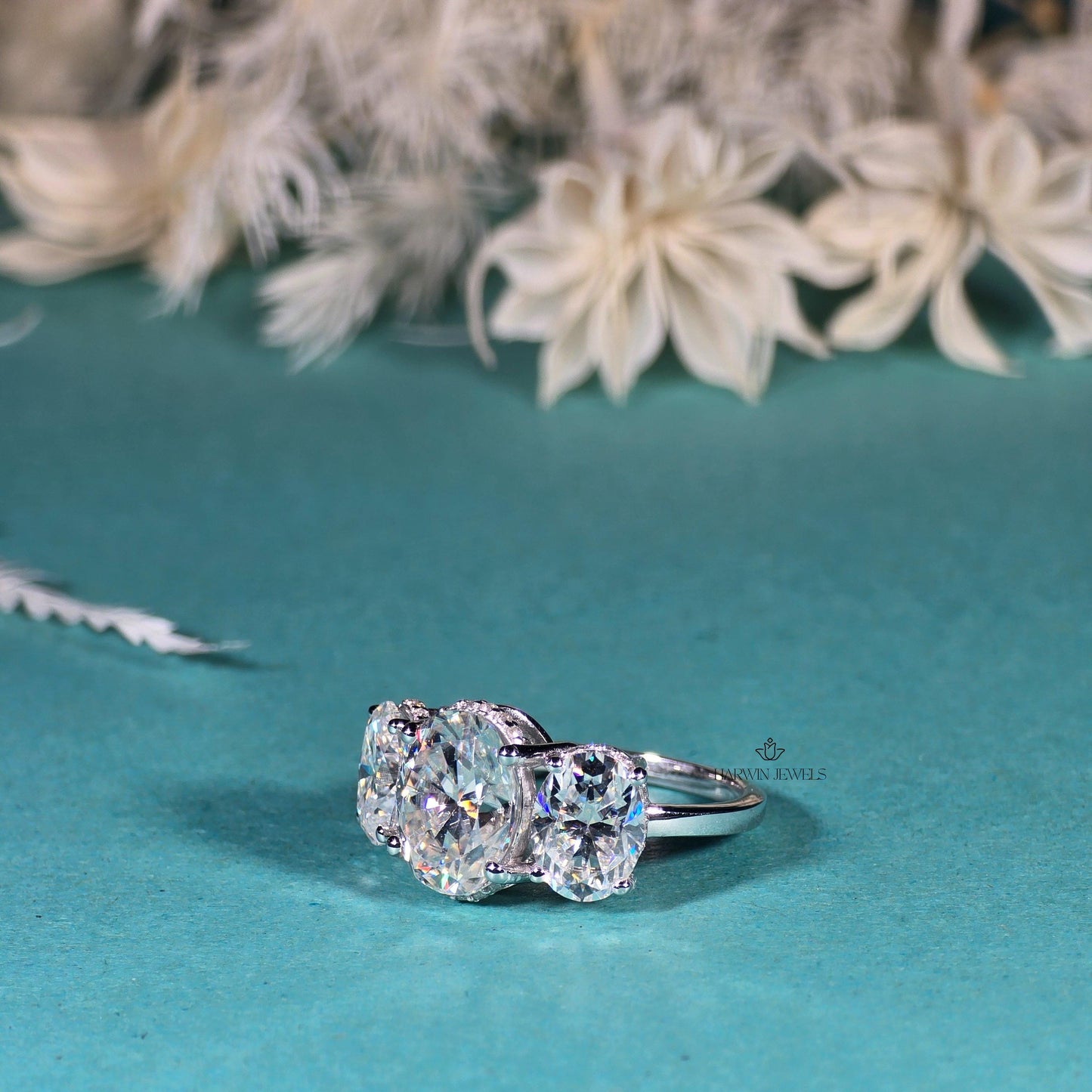 14K White Gold Three Stone Ring, 1.50 CT Oval Cut Moissanite Engagement Ring, Two Round Side Stone Wedding Ring, Anniversary Unique Gift
