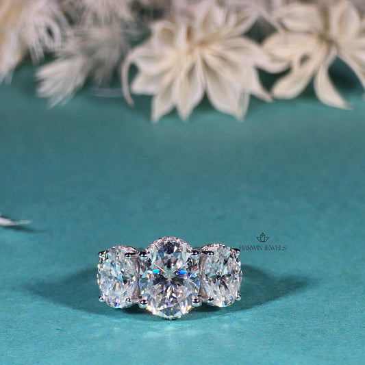 14K White Gold Three Stone Ring, 1.50 CT Oval Cut Moissanite Engagement Ring, Two Round Side Stone Wedding Ring, Anniversary Unique Gift