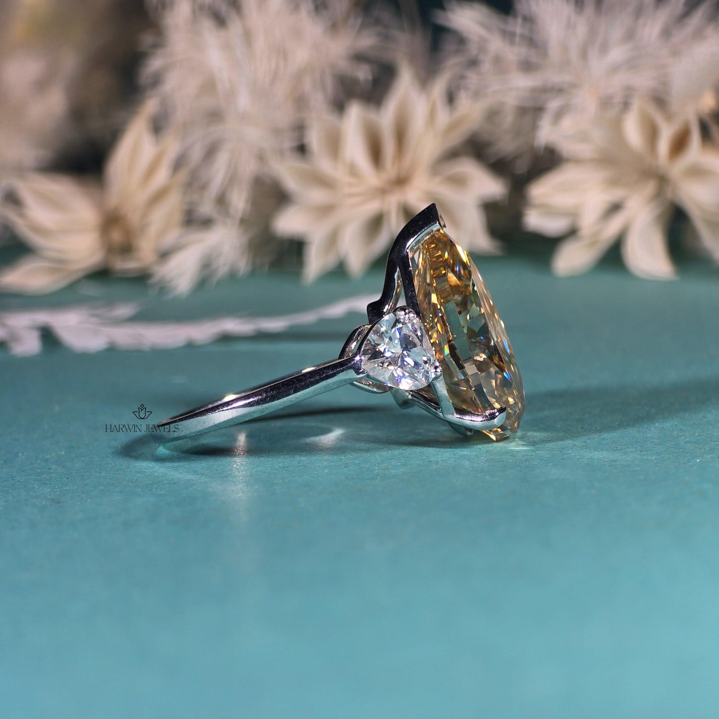 Three Stone 10.0 CT Yellow pear Moissanite Ring Engagement Ring with Wedding Gift, Ring For Women's, Tear Drop Ring/ Promise Gift for Her.