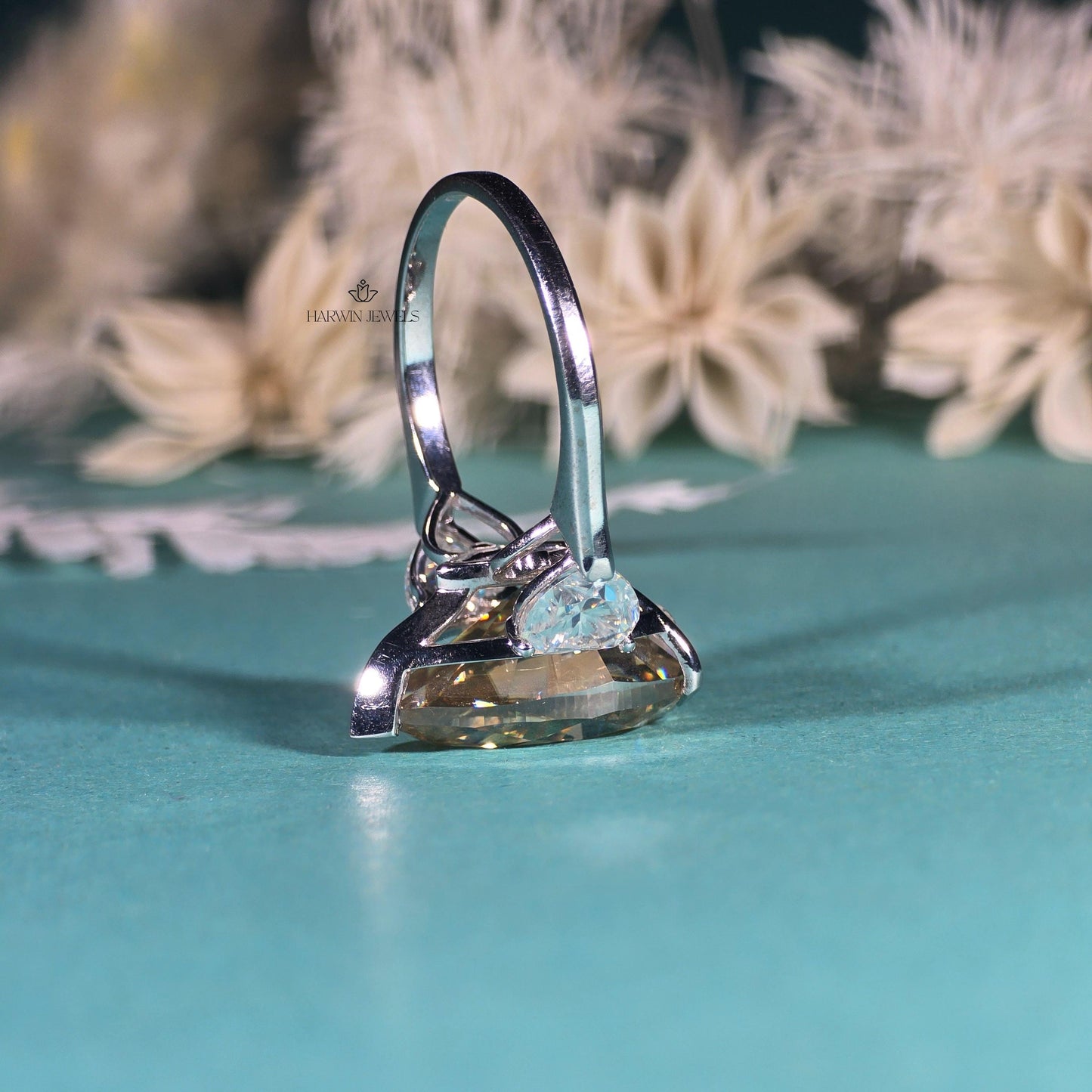 Three Stone 10.0 CT Yellow pear Moissanite Ring Engagement Ring with Wedding Gift, Ring For Women's, Tear Drop Ring/ Promise Gift for Her.