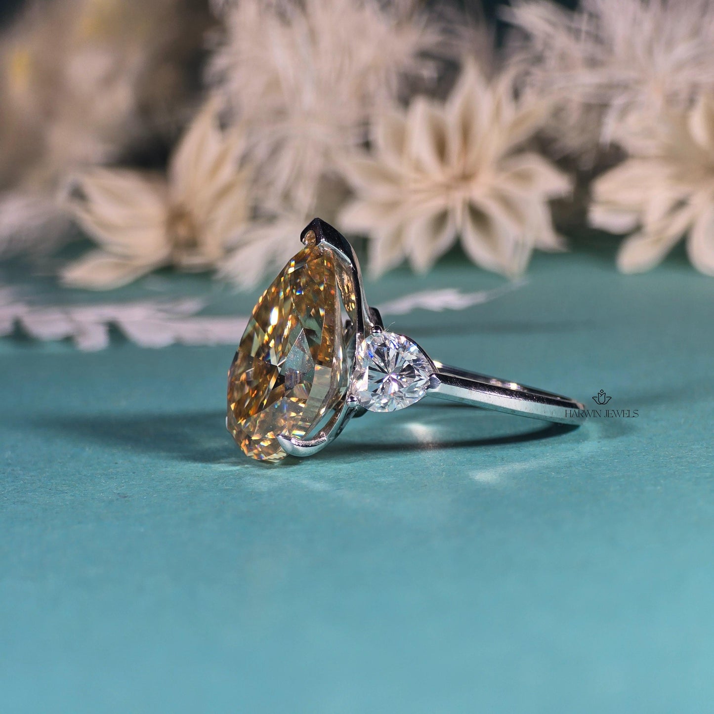 Three Stone 10.0 CT Yellow pear Moissanite Ring Engagement Ring with Wedding Gift, Ring For Women's, Tear Drop Ring/ Promise Gift for Her.
