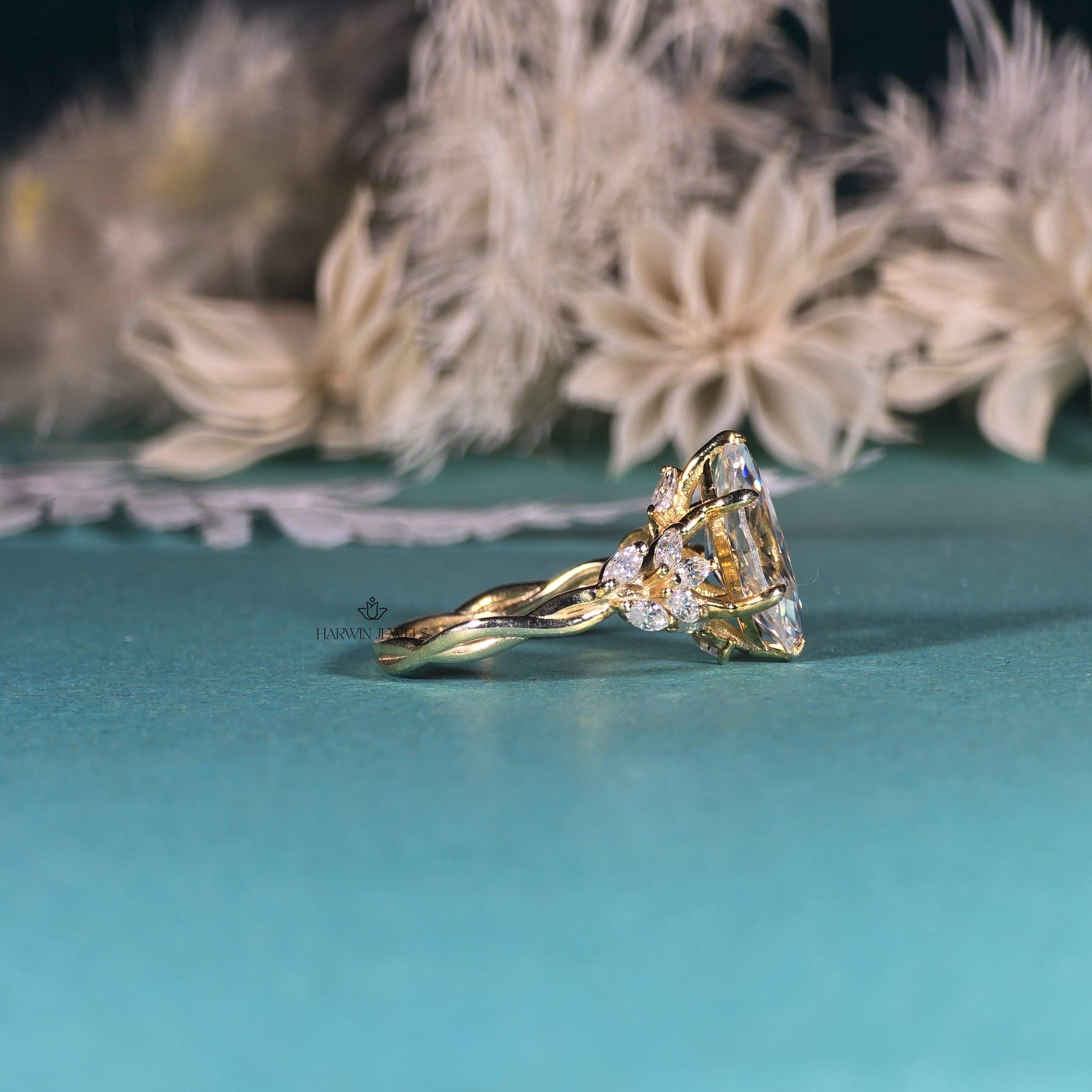 Marquise Cut Moissanite Cluster Engagement Ring, 3 CT Wedding Ring For Women, 14k Yellow Gold Ring, Cluster Marriage ring, Gift For Wife