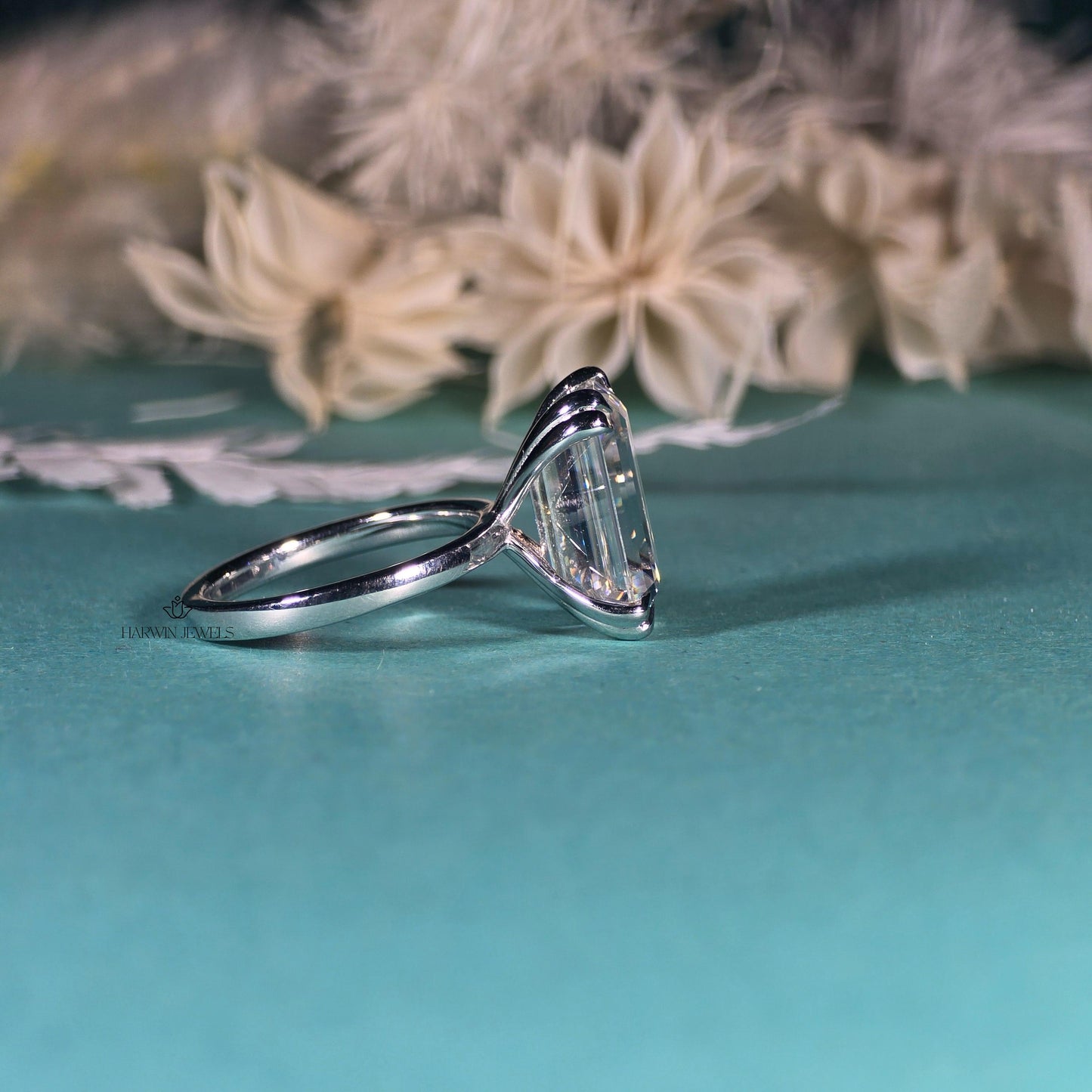 Engagement Ring for Her, 14K Solid White Gold Emerald Cut Moissanite Wedding Ring, Double Prongs Bridal Ring, Valentine's Day, Promise Ring