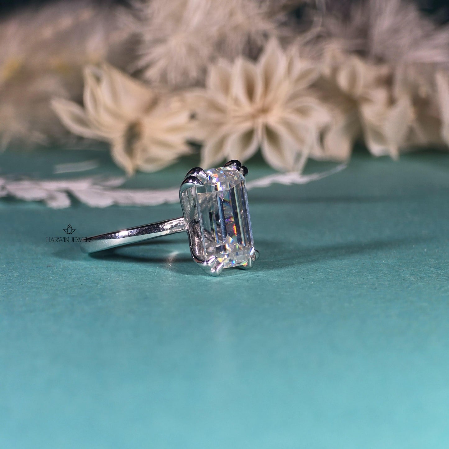 Engagement Ring for Her, 14K Solid White Gold Emerald Cut Moissanite Wedding Ring, Double Prongs Bridal Ring, Valentine's Day, Promise Ring
