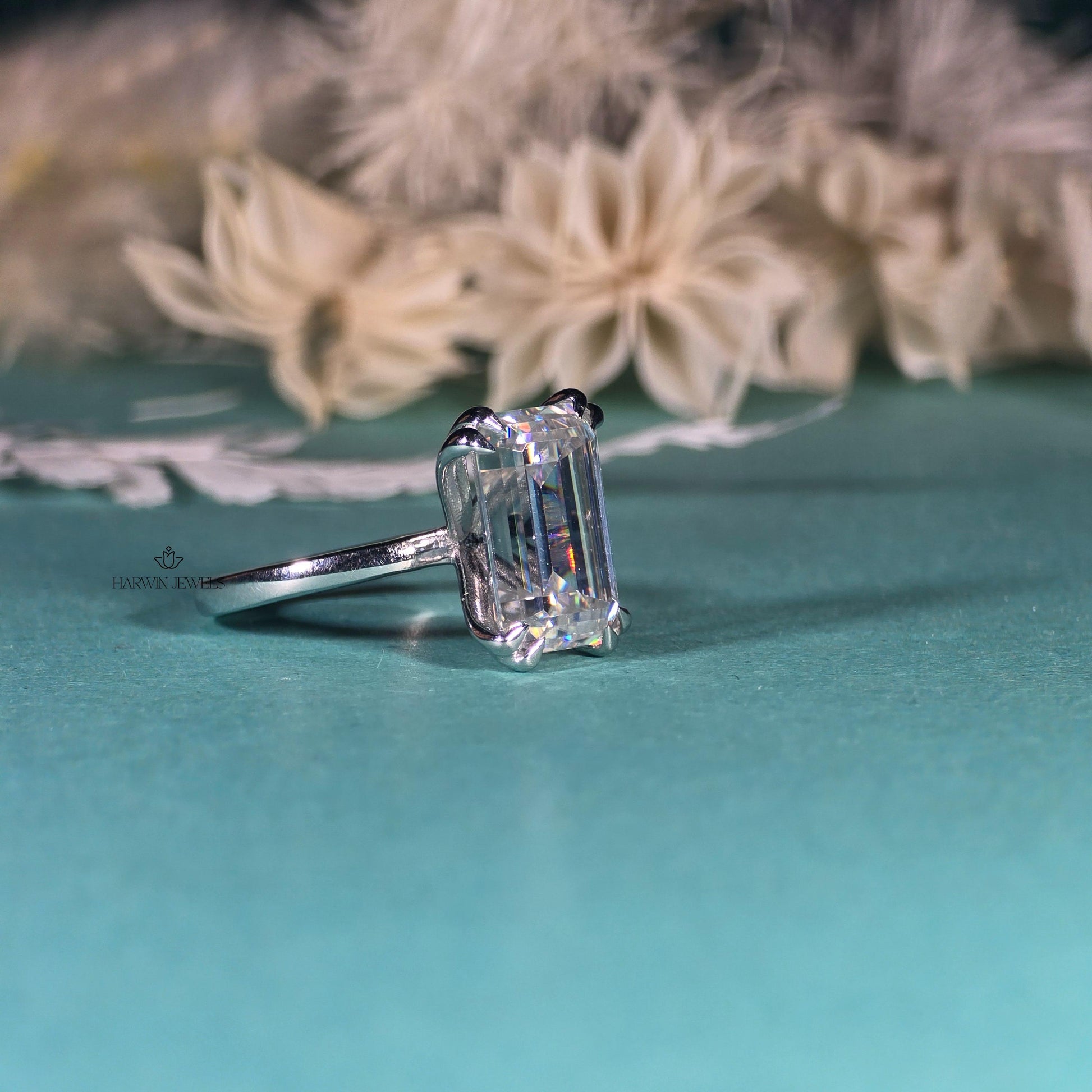 Engagement Ring for Her, 14K Solid White Gold Emerald Cut Moissanite Wedding Ring, Double Prongs Bridal Ring, Valentine's Day, Promise Ring
