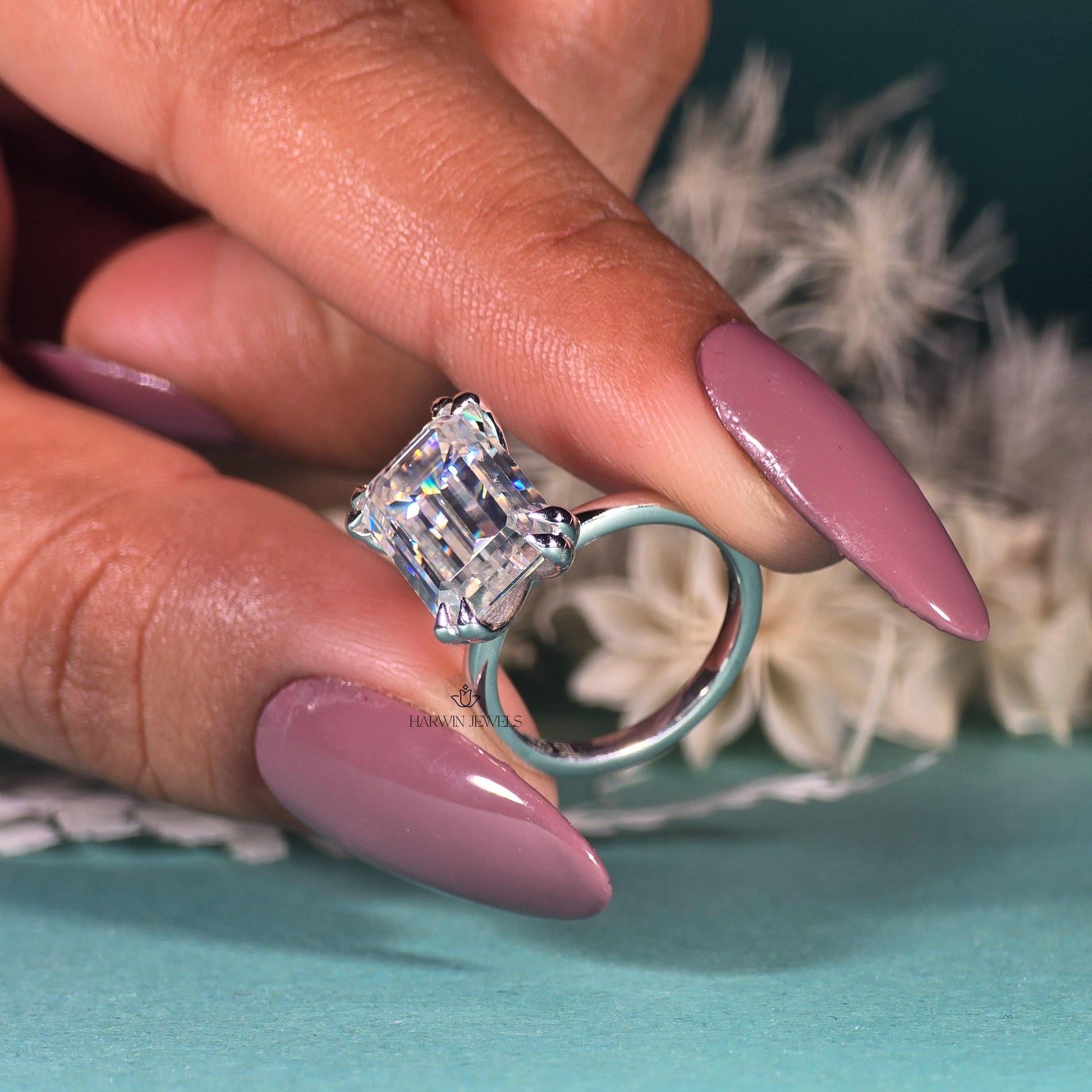 Engagement Ring for Her, 14K Solid White Gold Emerald Cut Moissanite Wedding Ring, Double Prongs Bridal Ring, Valentine's Day, Promise Ring