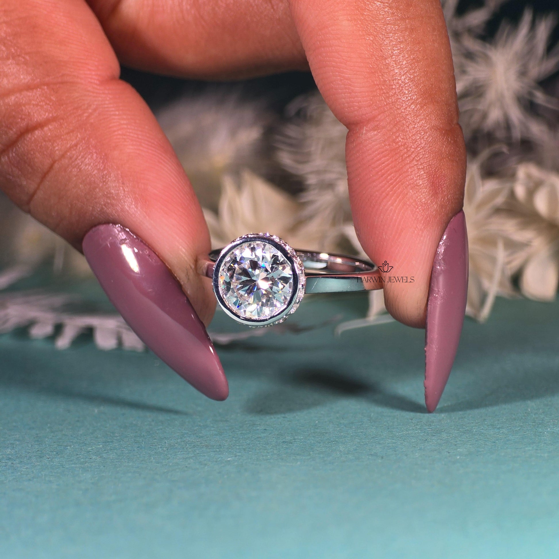 Unique Round Cut Hidden Halo Moissanite Engagement Ring/14K Solid White Gold Promise Ring/Bezel Set/Personalized Gift/Wedding/Ring For Women