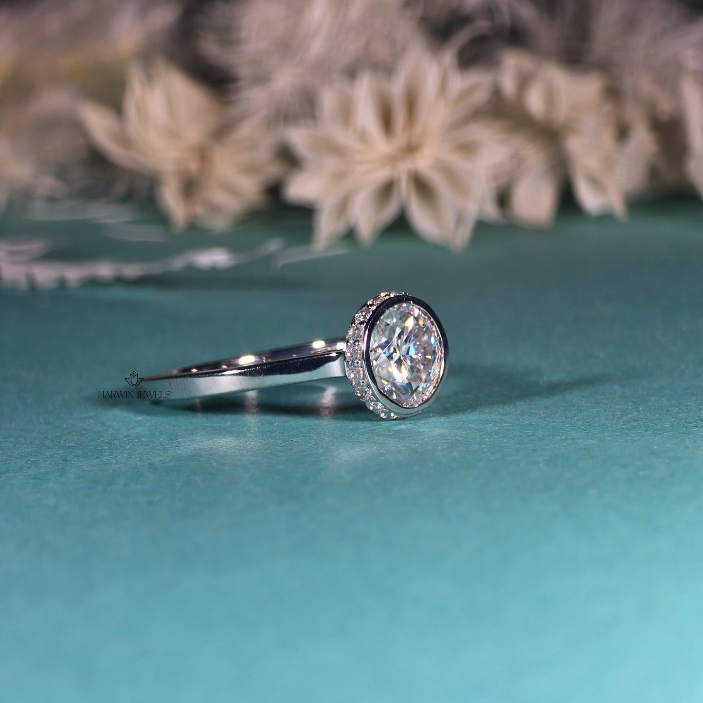 Unique Round Cut Hidden Halo Moissanite Engagement Ring/14K Solid White Gold Promise Ring/Bezel Set/Personalized Gift/Wedding/Ring For Women