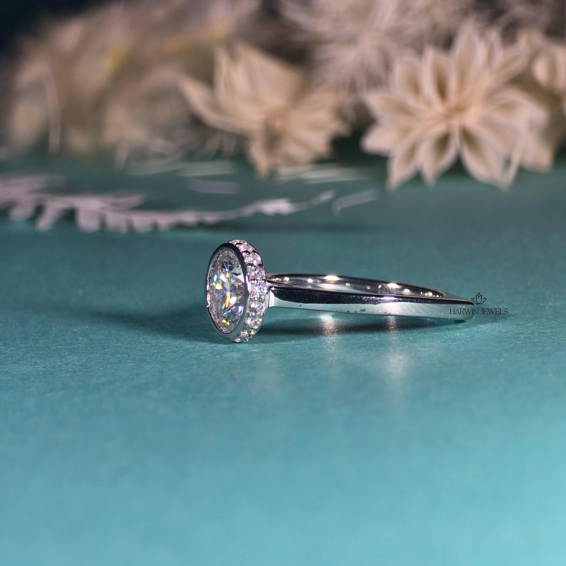 Unique Round Cut Hidden Halo Moissanite Engagement Ring/14K Solid White Gold Promise Ring/Bezel Set/Personalized Gift/Wedding/Ring For Women