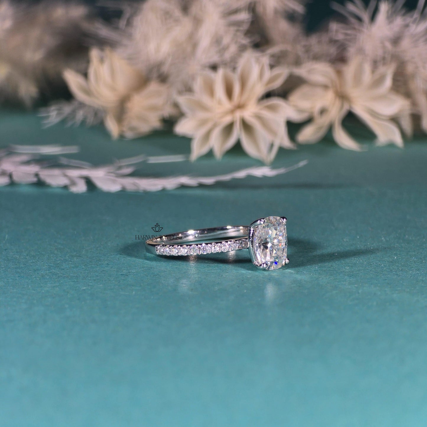 Elongated Cushion Cut Engagement Ring for Women, 3.0carat Moissanite/ Promise Ring Gift For Her , 14K White Gold Pave Set Ring, Promise Ring