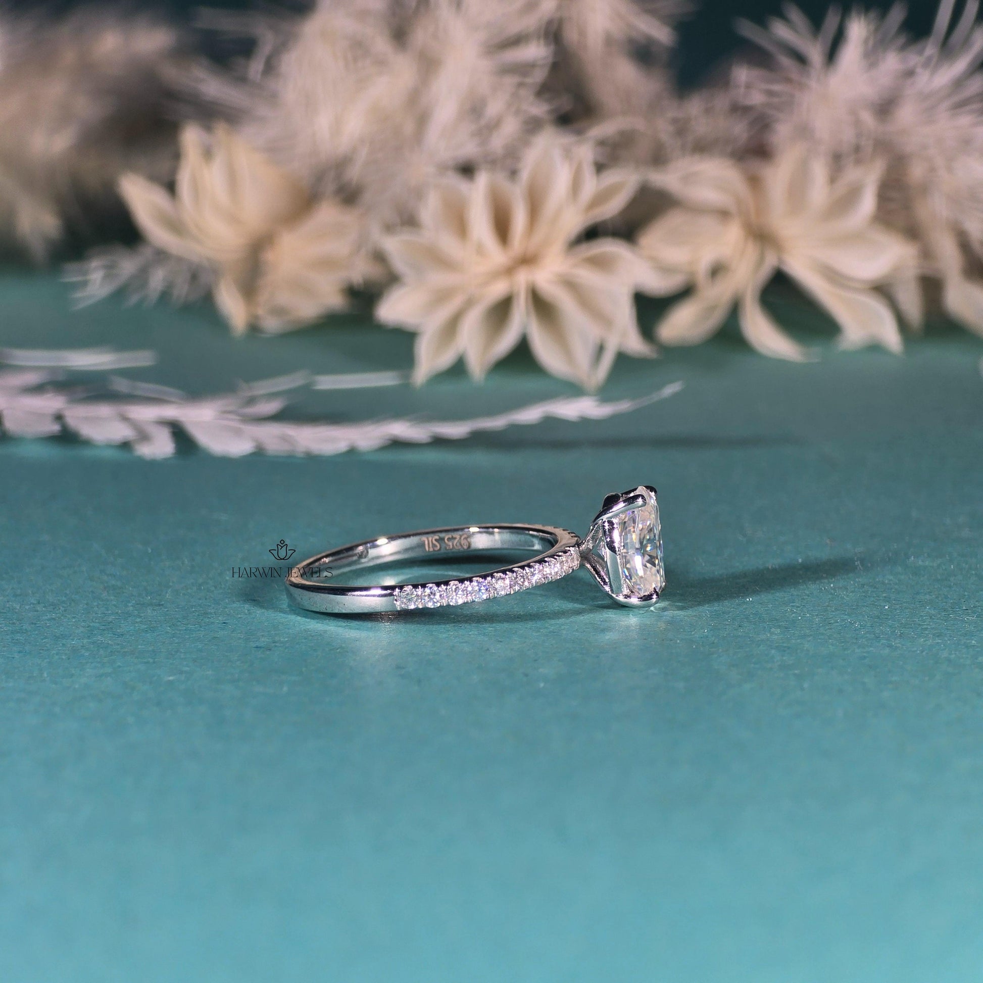 Elongated Cushion Cut Engagement Ring for Women, 3.0carat Moissanite/ Promise Ring Gift For Her , 14K White Gold Pave Set Ring, Promise Ring