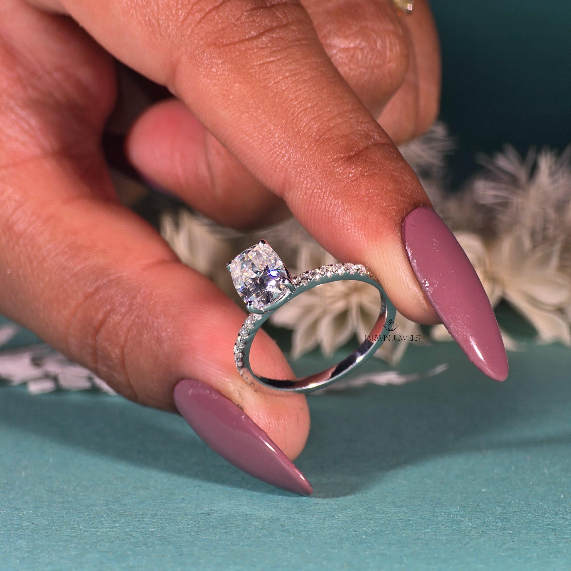 Elongated Cushion Cut Engagement Ring for Women, 3.0carat Moissanite/ Promise Ring Gift For Her , 14K White Gold Pave Set Ring, Promise Ring