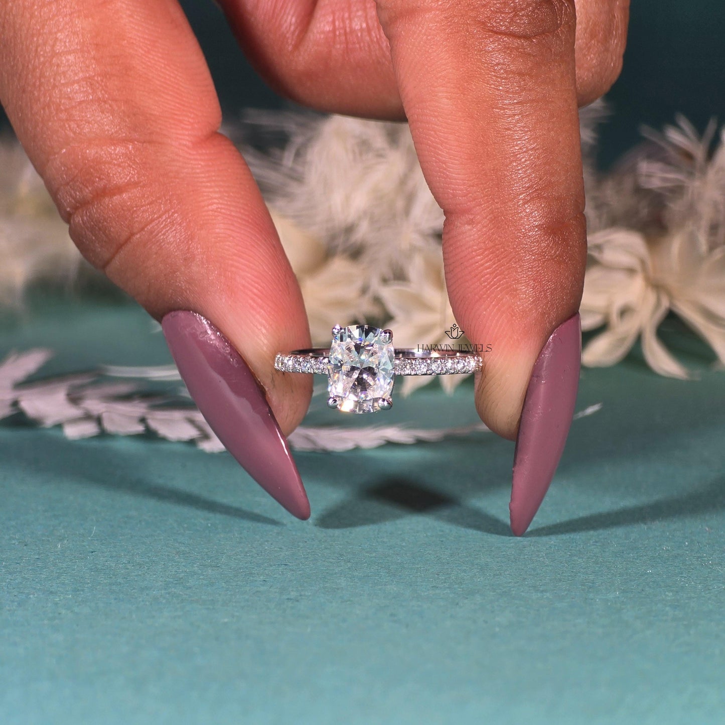 Elongated Cushion Cut Engagement Ring for Women, 3.0carat Moissanite/ Promise Ring Gift For Her , 14K White Gold Pave Set Ring, Promise Ring