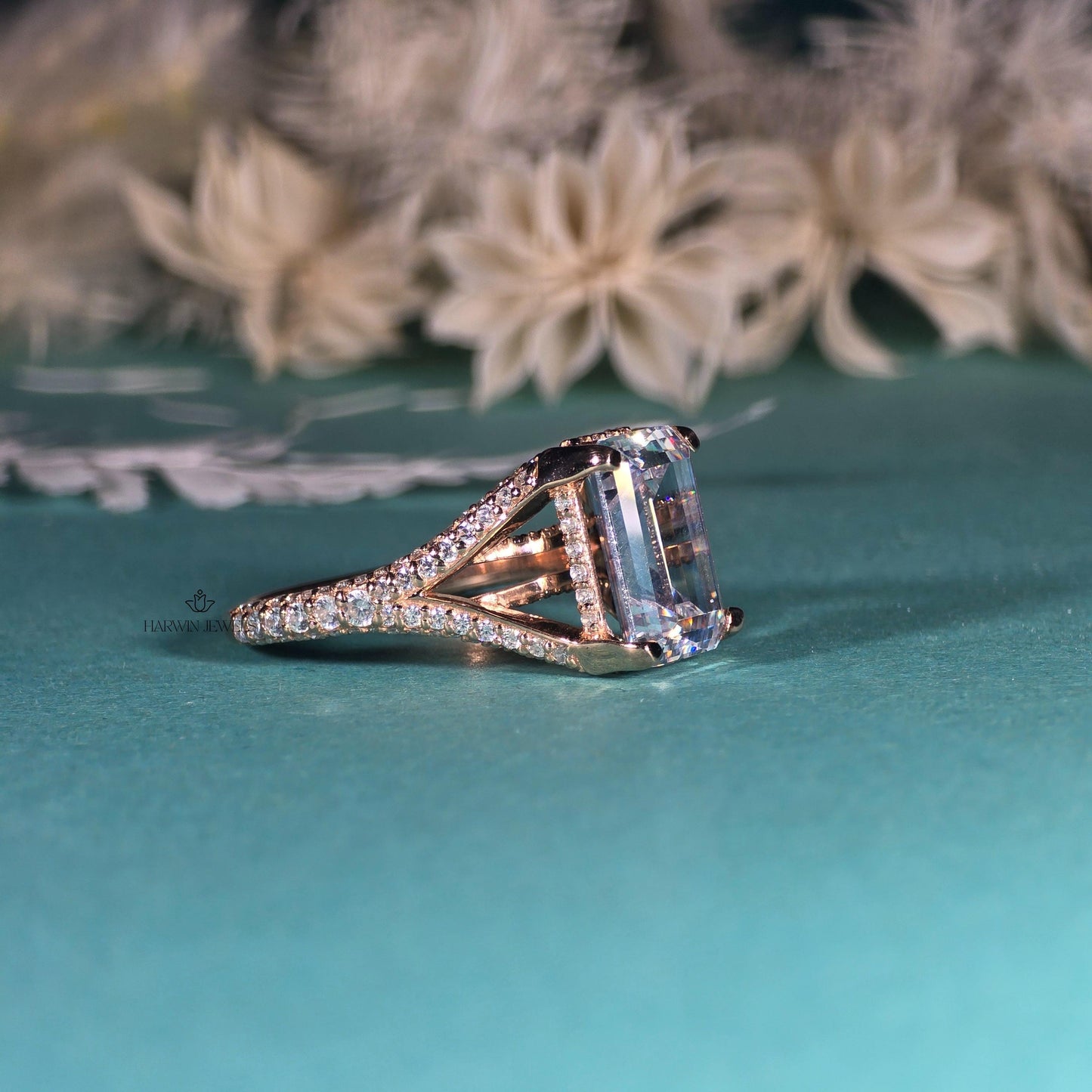 4.00 CT Emerald Cut Colorless Moissanite Stone Engagement Ring, Split Shank With 3/4 Eternity Hidden Halo Ring, 14K Yellow Gold Ring