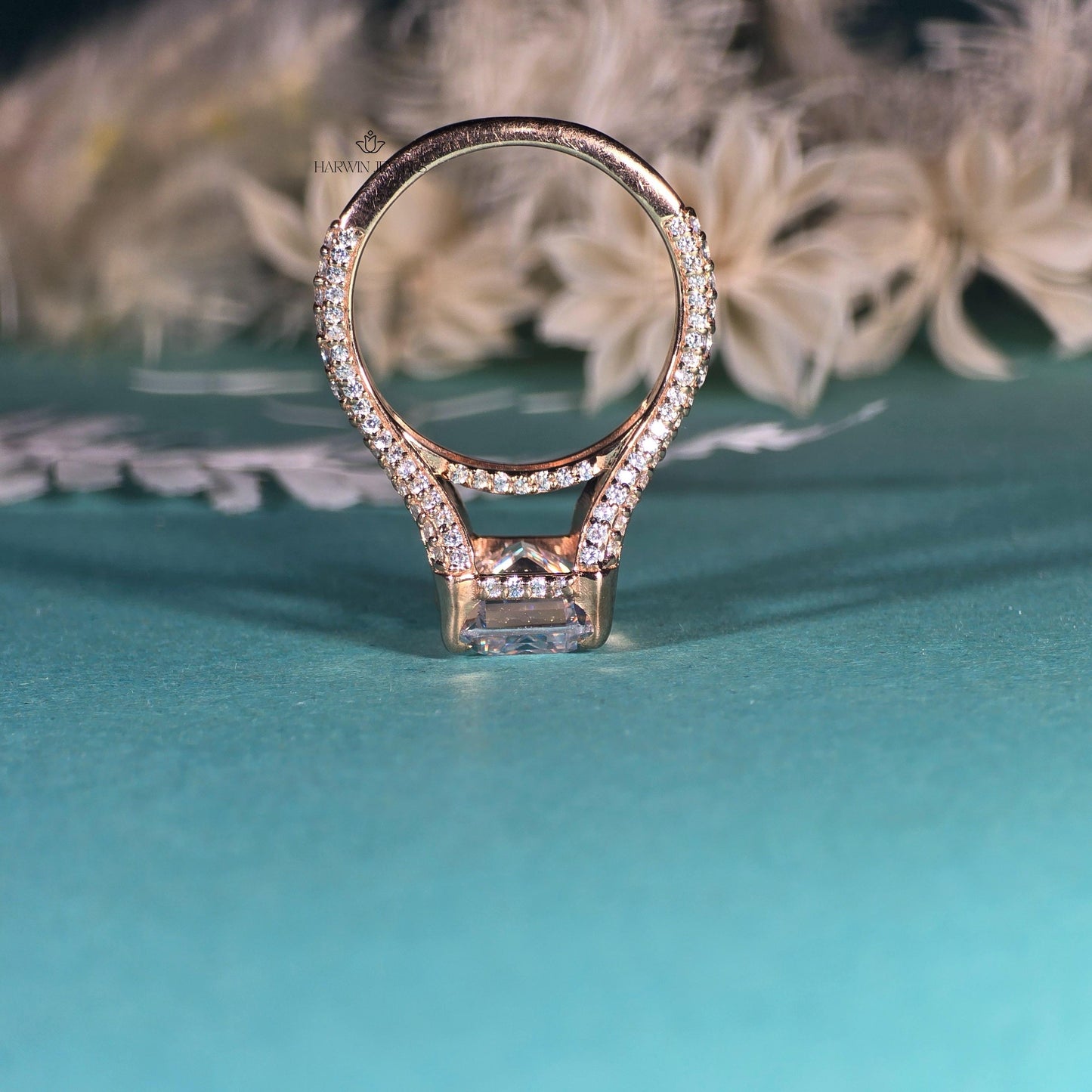 4.00 CT Emerald Cut Colorless Moissanite Stone Engagement Ring, Split Shank With 3/4 Eternity Hidden Halo Ring, 14K Yellow Gold Ring