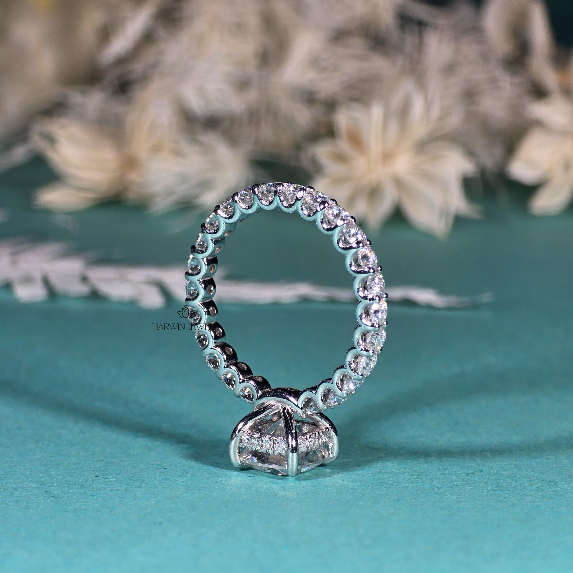 Cushion Cut Moissanite Pave Full Eternity Hidden Halo Engagement Ring Set in 18k White Gold, Pave Solitaire Ring , Proposal Ring, Gifts