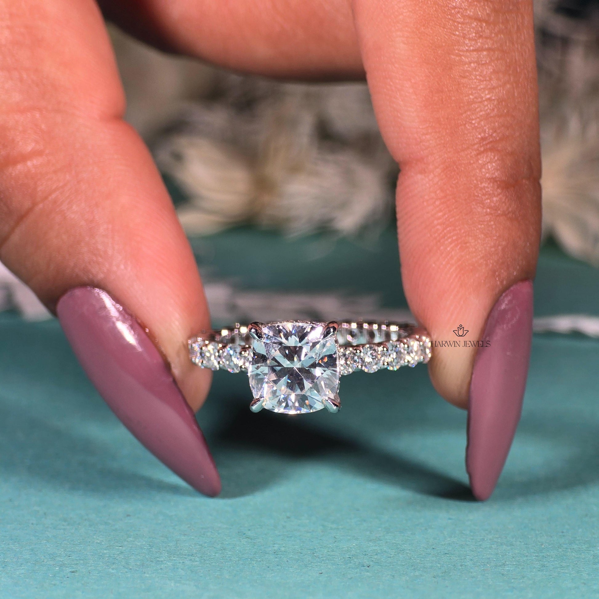 Cushion Cut Moissanite Pave Full Eternity Hidden Halo Engagement Ring Set in 18k White Gold, Pave Solitaire Ring , Proposal Ring, Gifts