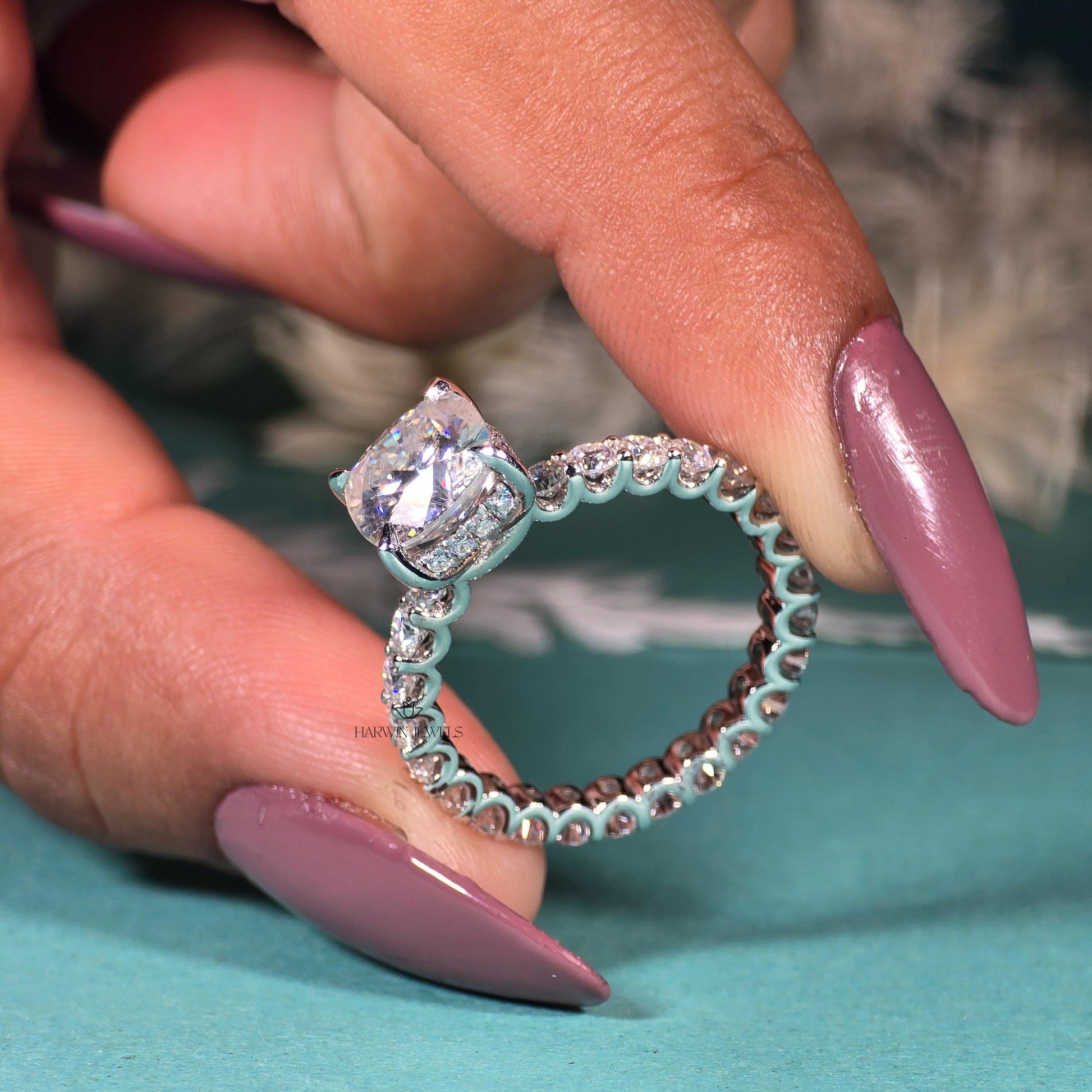 Cushion Cut Moissanite Pave Full Eternity Hidden Halo Engagement Ring Set in 18k White Gold, Pave Solitaire Ring , Proposal Ring, Gifts