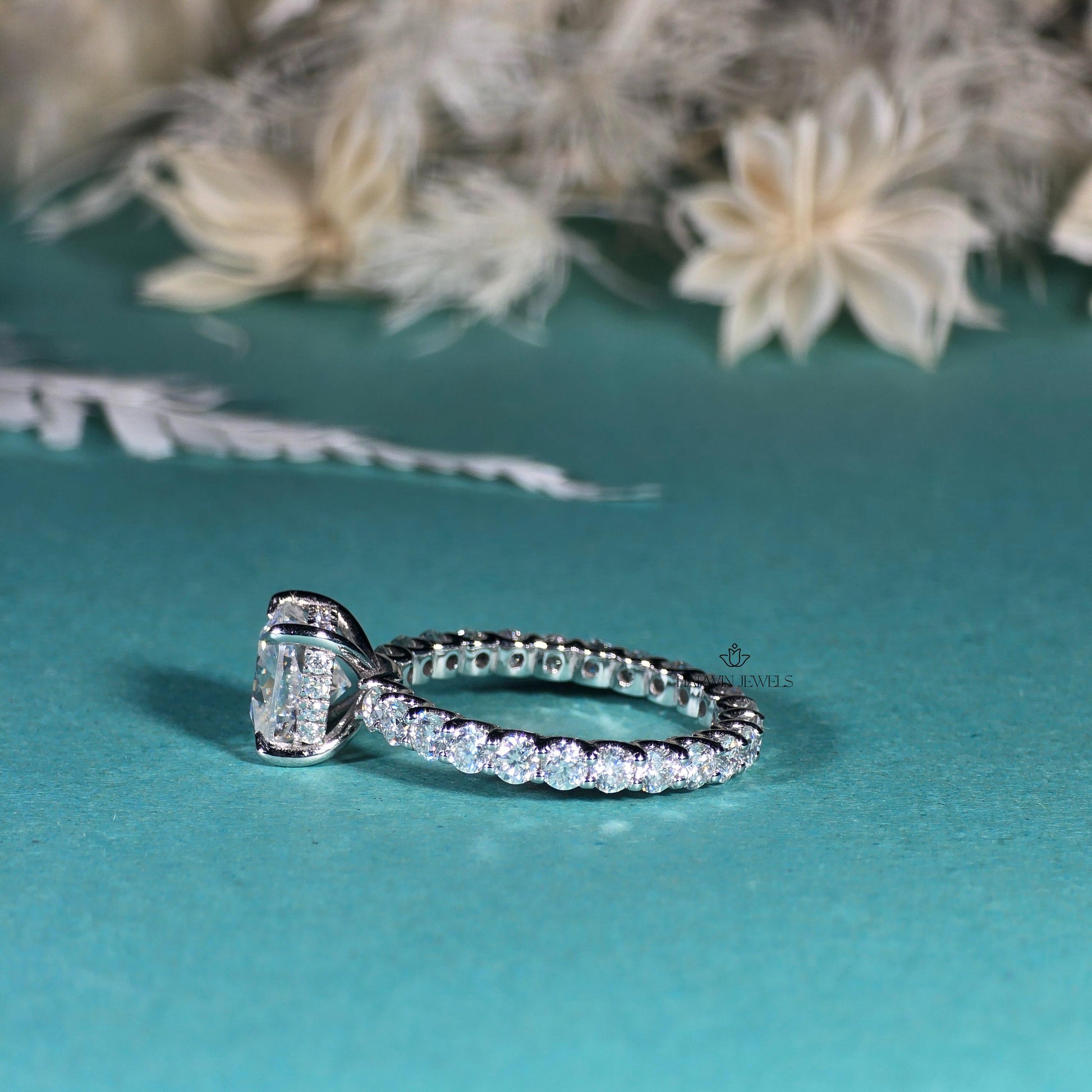Cushion Cut Moissanite Pave Full Eternity Hidden Halo Engagement Ring Set in 18k White Gold, Pave Solitaire Ring , Proposal Ring, Gifts