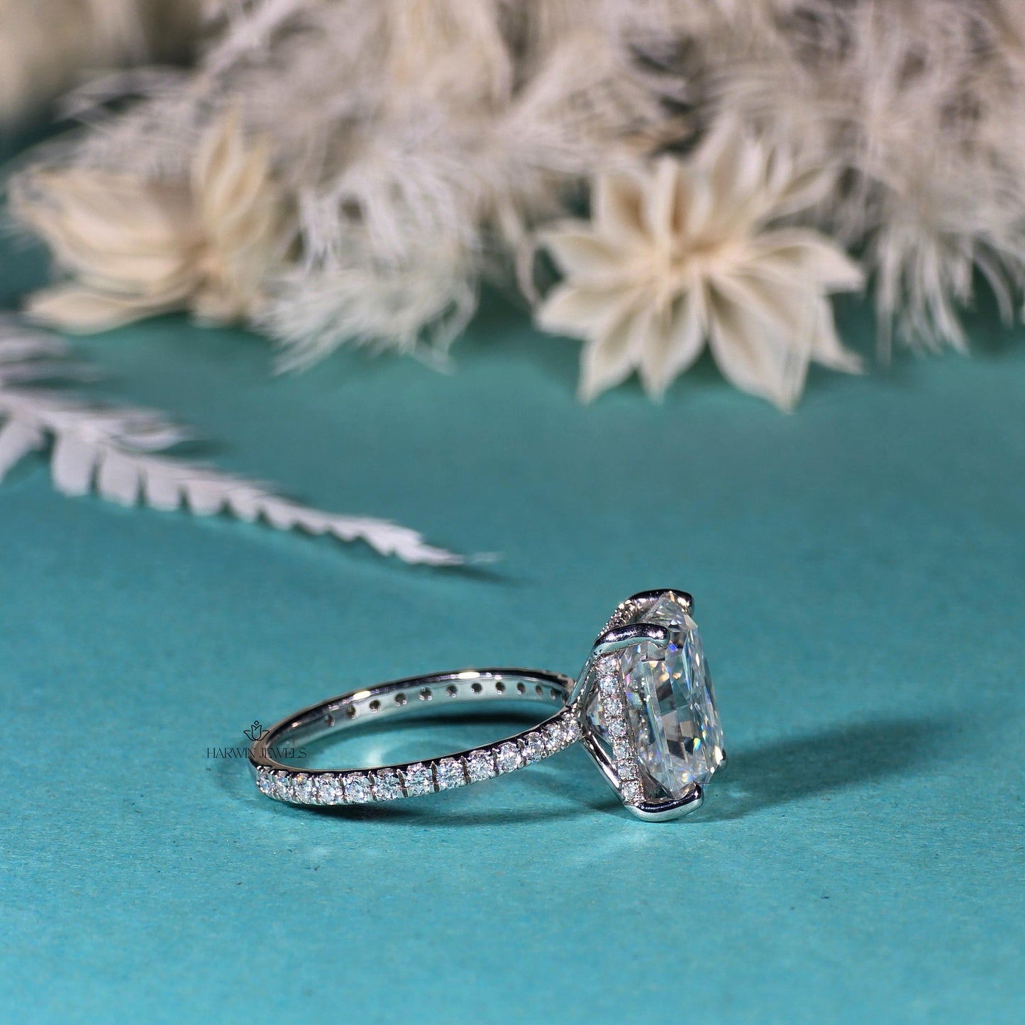 18K Solid White Gold Hidden Halo Engagement Ring, 2.00 CT Radiant Cut Moissanite Wedding Ring, Pave Set Solitaire Anniversary Gift For Wife