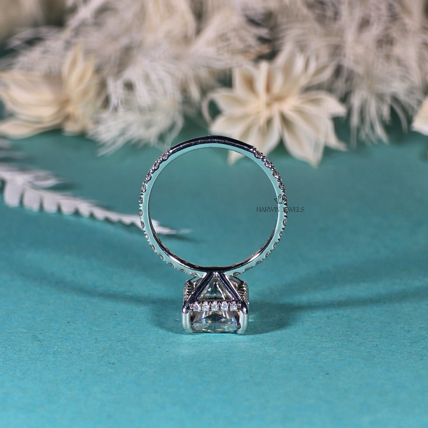 18K Solid White Gold Hidden Halo Engagement Ring, 2.00 CT Radiant Cut Moissanite Wedding Ring, Pave Set Solitaire Anniversary Gift For Wife