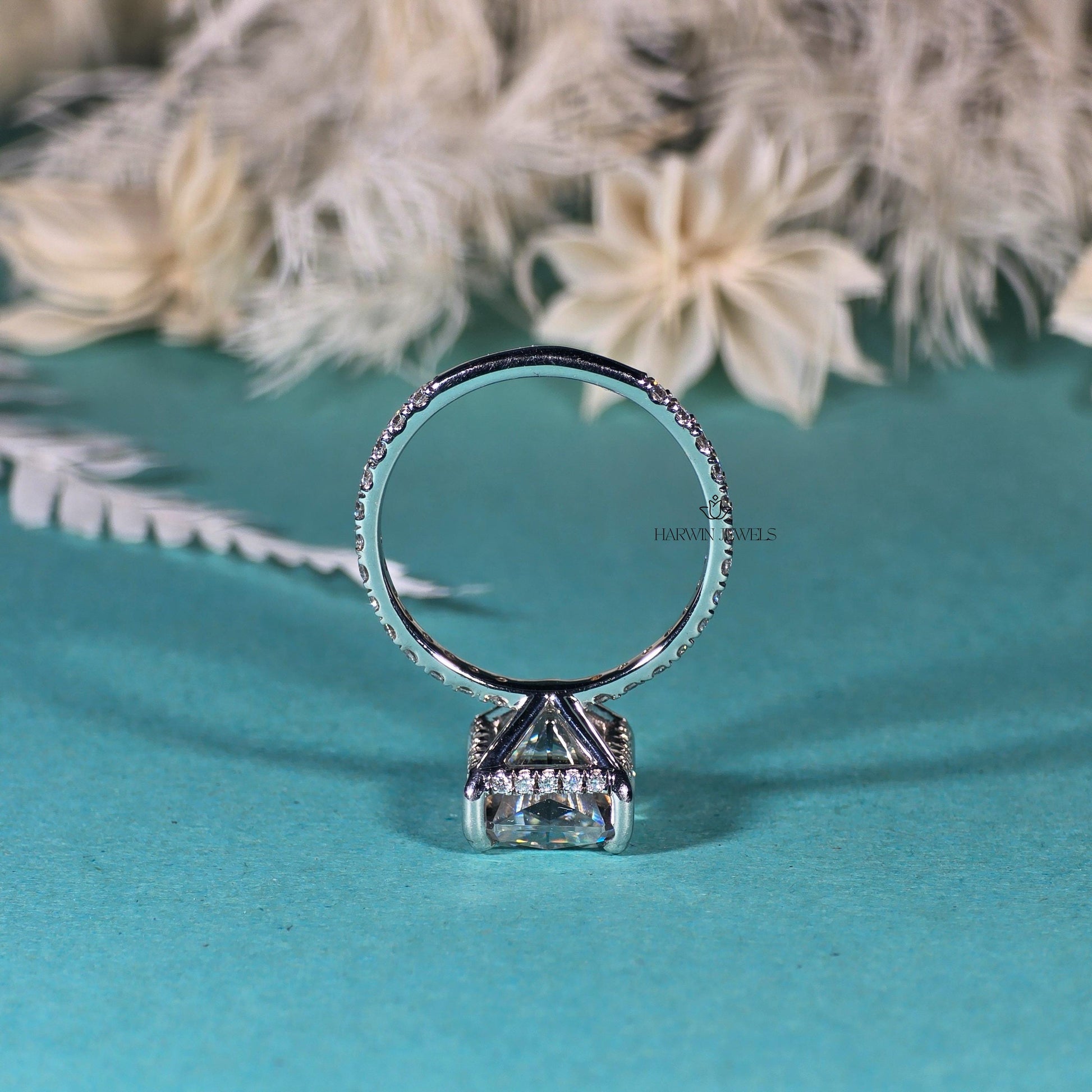 18K Solid White Gold Hidden Halo Engagement Ring, 2.00 CT Radiant Cut Moissanite Wedding Ring, Pave Set Solitaire Anniversary Gift For Wife