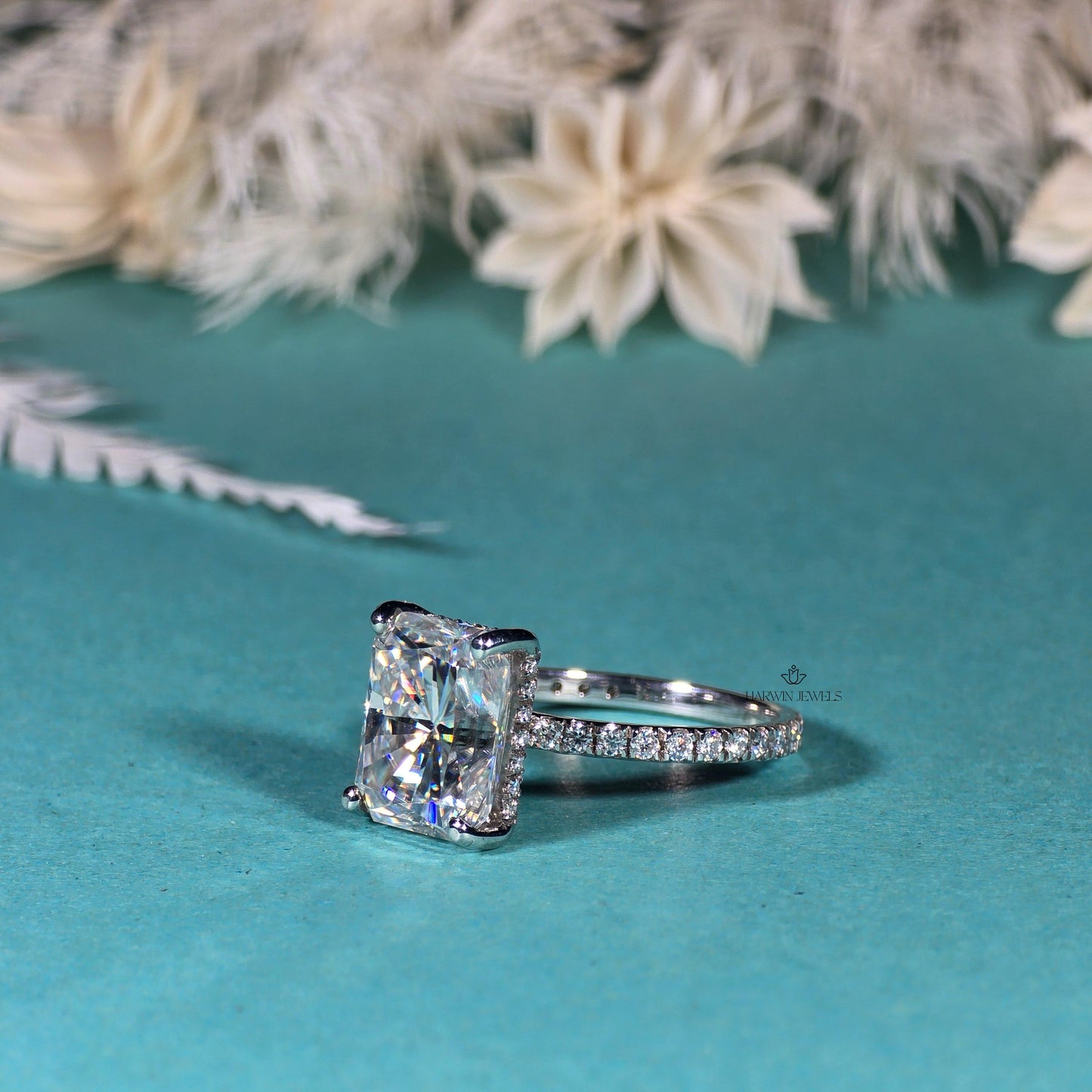 18K Solid White Gold Hidden Halo Engagement Ring, 2.00 CT Radiant Cut Moissanite Wedding Ring, Pave Set Solitaire Anniversary Gift For Wife