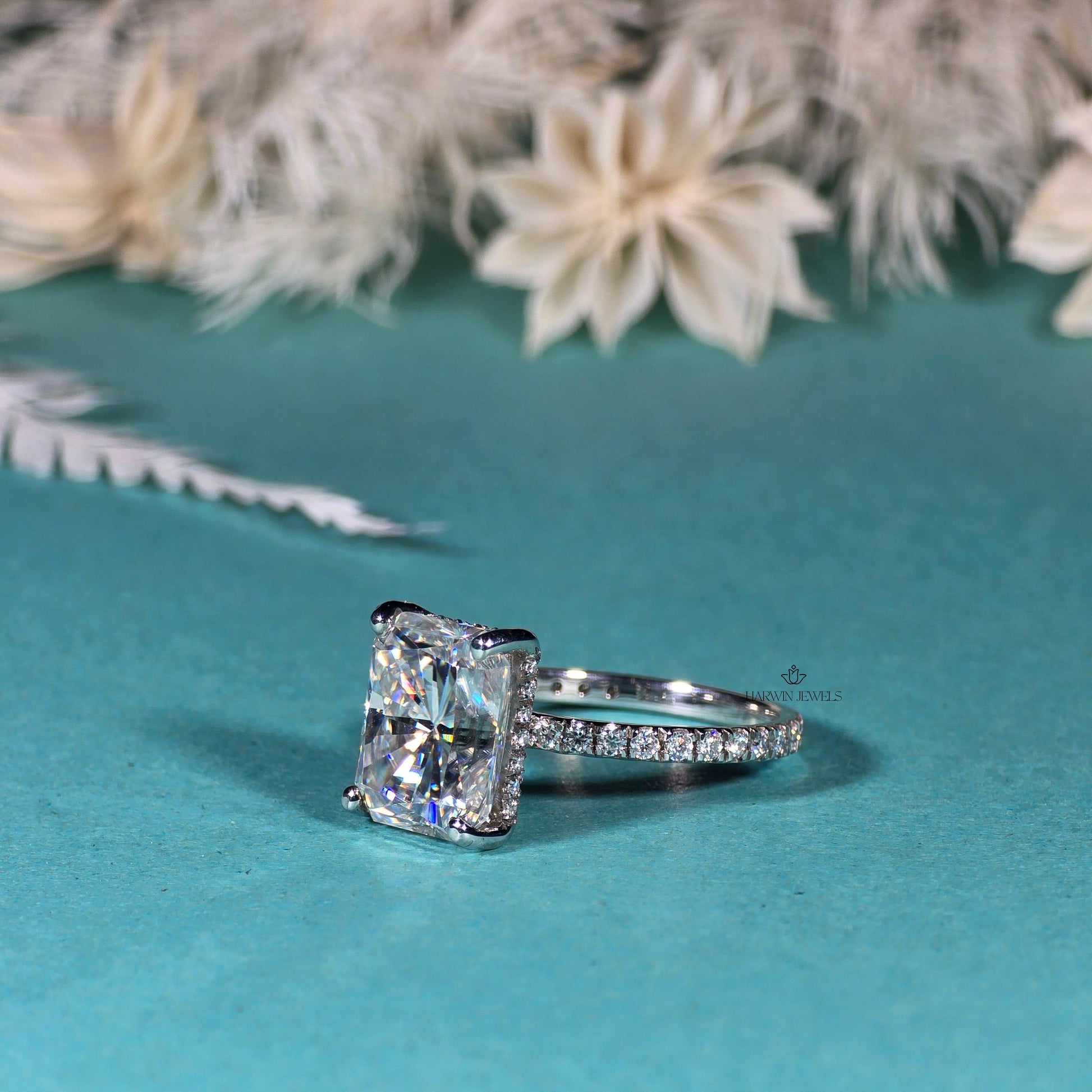 18K Solid White Gold Hidden Halo Engagement Ring, 2.00 CT Radiant Cut Moissanite Wedding Ring, Pave Set Solitaire Anniversary Gift For Wife