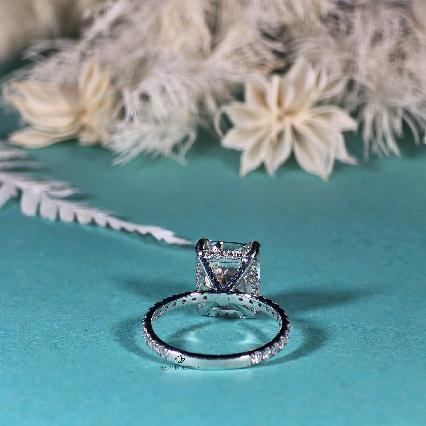 18K Solid White Gold Hidden Halo Engagement Ring, 2.00 CT Radiant Cut Moissanite Wedding Ring, Pave Set Solitaire Anniversary Gift For Wife