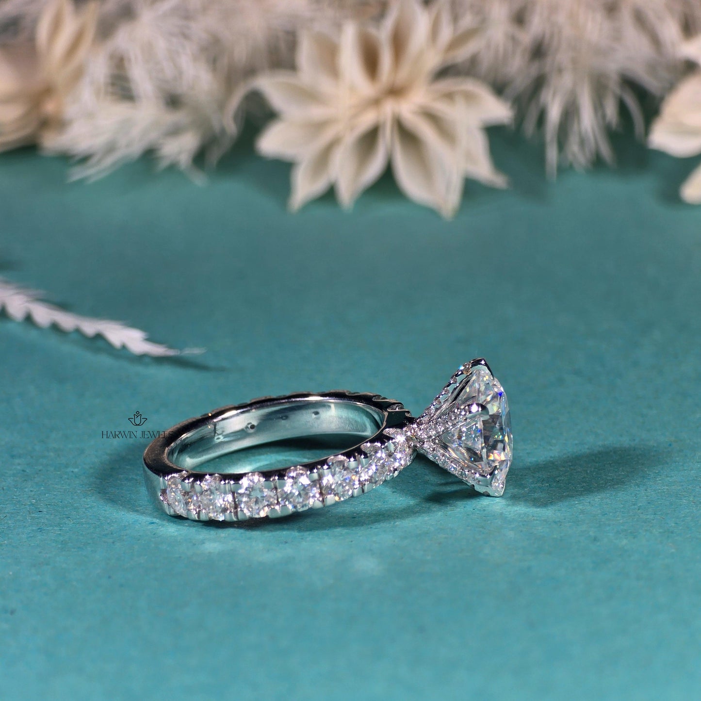 Round Cut Pave Set Engagement Ring,14k White Gold Proposal Ring,1.50 Carat Moissanite Ring,14kWhite Gold ,Hidden Halo,6 Prong Solitaire Ring