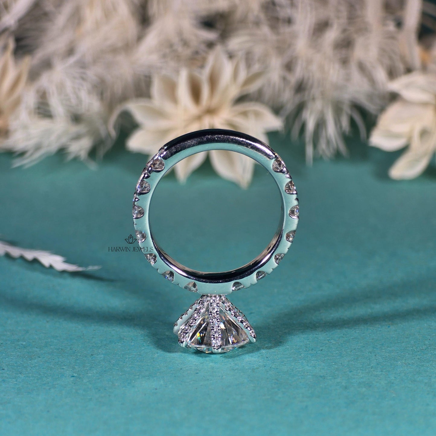 Round Cut Pave Set Engagement Ring,14k White Gold Proposal Ring,1.50 Carat Moissanite Ring,14kWhite Gold ,Hidden Halo,6 Prong Solitaire Ring