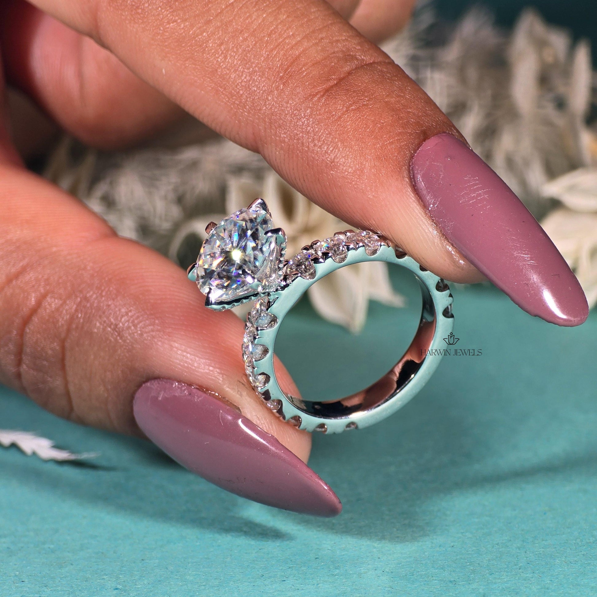 Round Cut Pave Set Engagement Ring,14k White Gold Proposal Ring,1.50 Carat Moissanite Ring,14kWhite Gold ,Hidden Halo,6 Prong Solitaire Ring