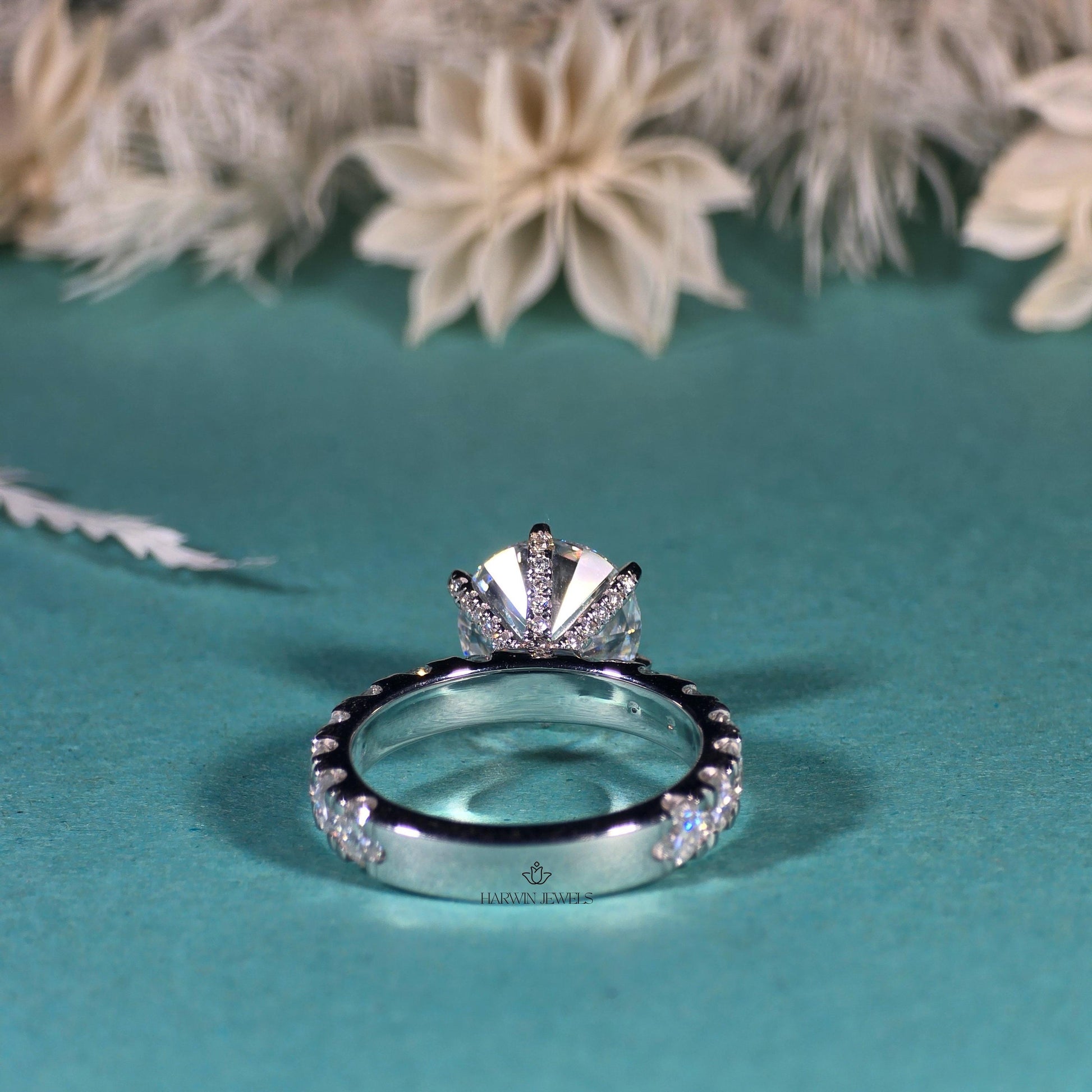 Round Cut Pave Set Engagement Ring,14k White Gold Proposal Ring,1.50 Carat Moissanite Ring,14kWhite Gold ,Hidden Halo,6 Prong Solitaire Ring