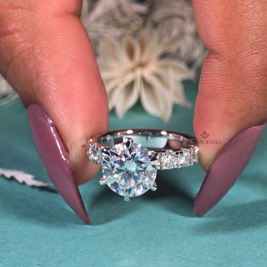 Round Cut Pave Set Engagement Ring,14k White Gold Proposal Ring,1.50 Carat Moissanite Ring,14kWhite Gold ,Hidden Halo,6 Prong Solitaire Ring