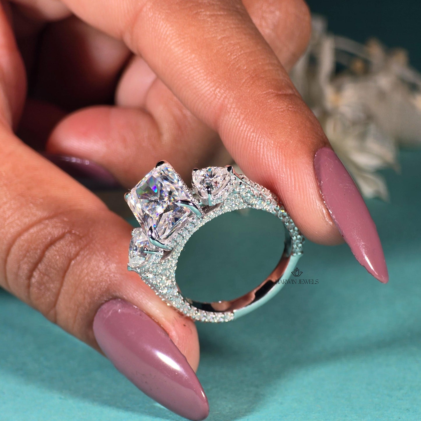 Radiant Cut Moissanite Engagement Ring, Side Stone Heart Cut Ring,Elongated Radiant,Three Stone Ring ,4.80 CT Pave Set Proposal Wedding Ring