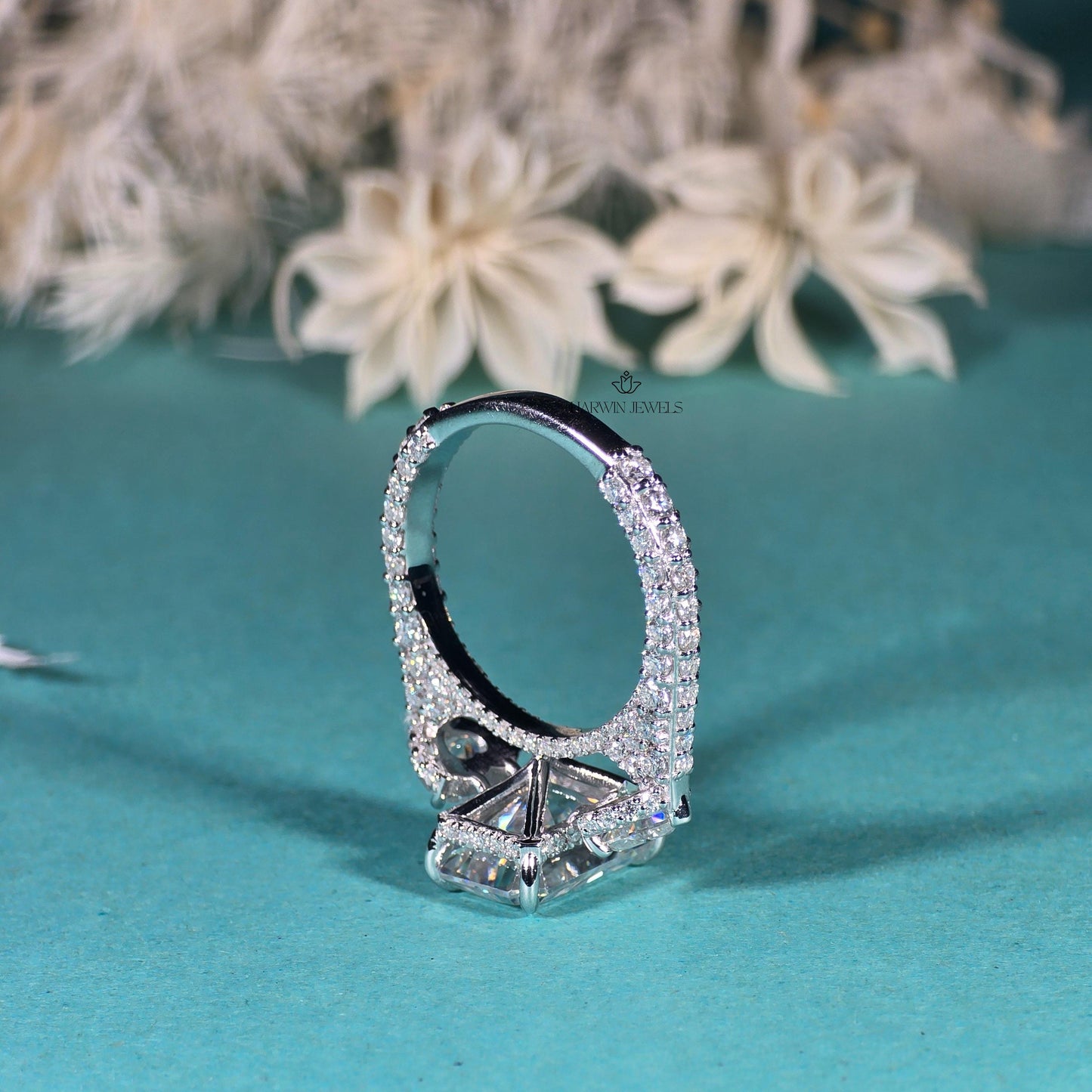 Radiant Cut Moissanite Engagement Ring, Side Stone Heart Cut Ring,Elongated Radiant,Three Stone Ring ,4.80 CT Pave Set Proposal Wedding Ring