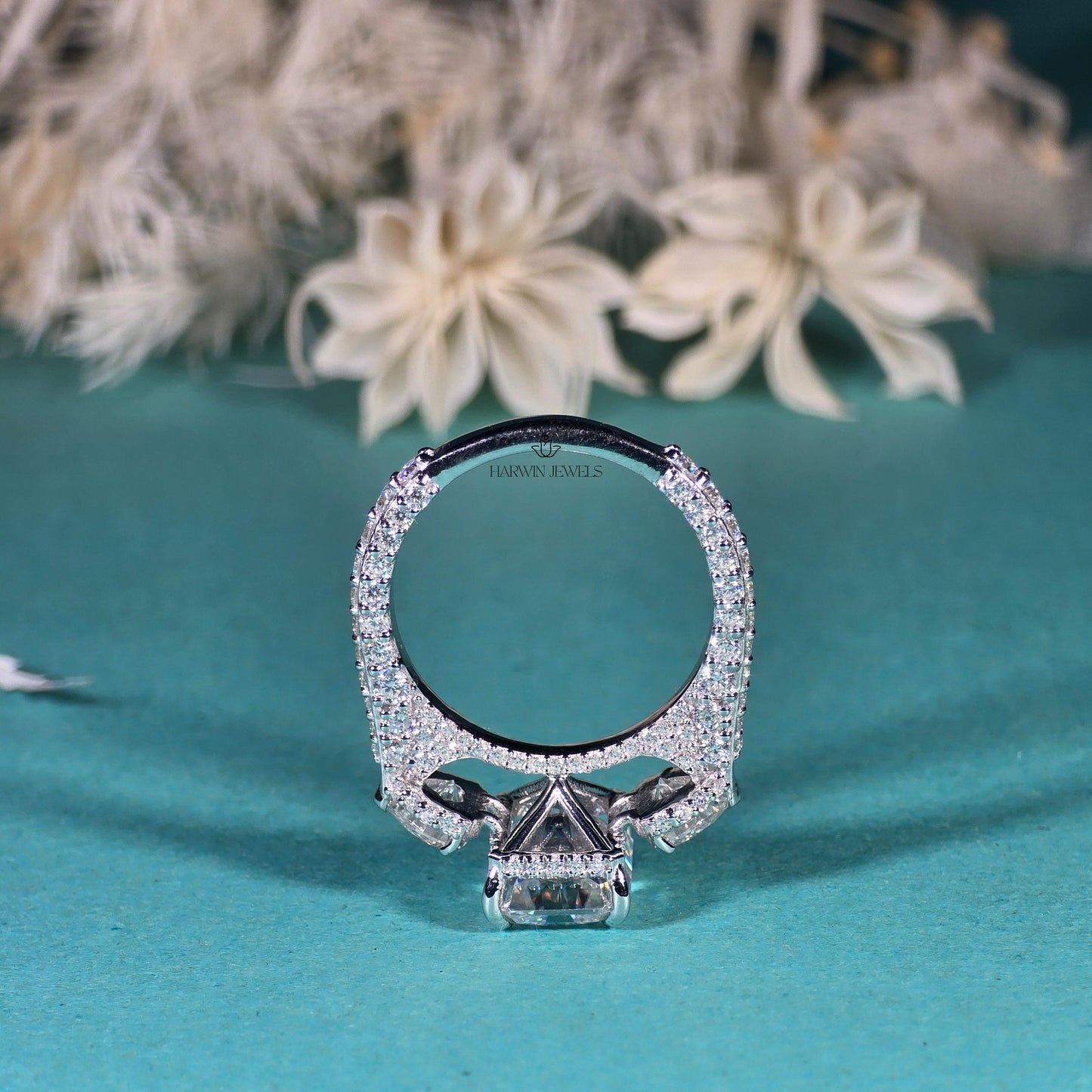 Radiant Cut Moissanite Engagement Ring, Side Stone Heart Cut Ring,Elongated Radiant,Three Stone Ring ,4.80 CT Pave Set Proposal Wedding Ring