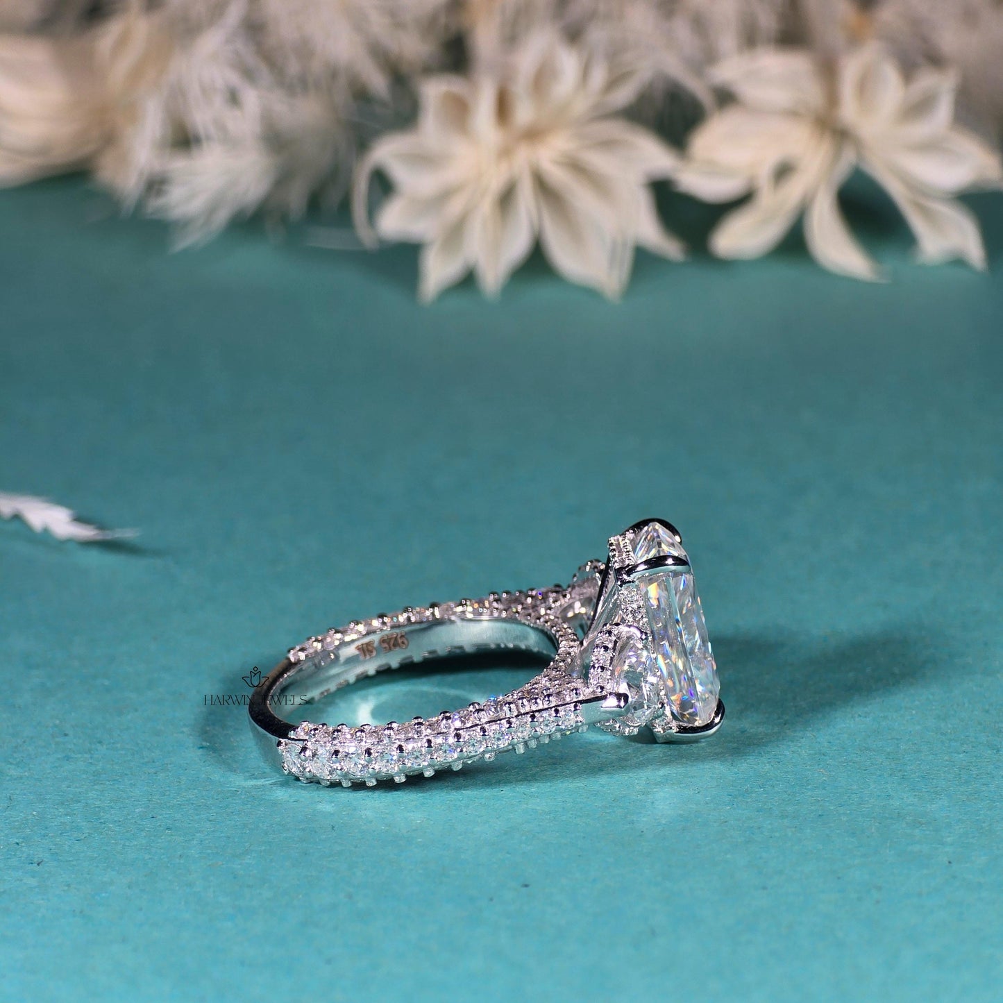 Radiant Cut Moissanite Engagement Ring, Side Stone Heart Cut Ring,Elongated Radiant,Three Stone Ring ,4.80 CT Pave Set Proposal Wedding Ring
