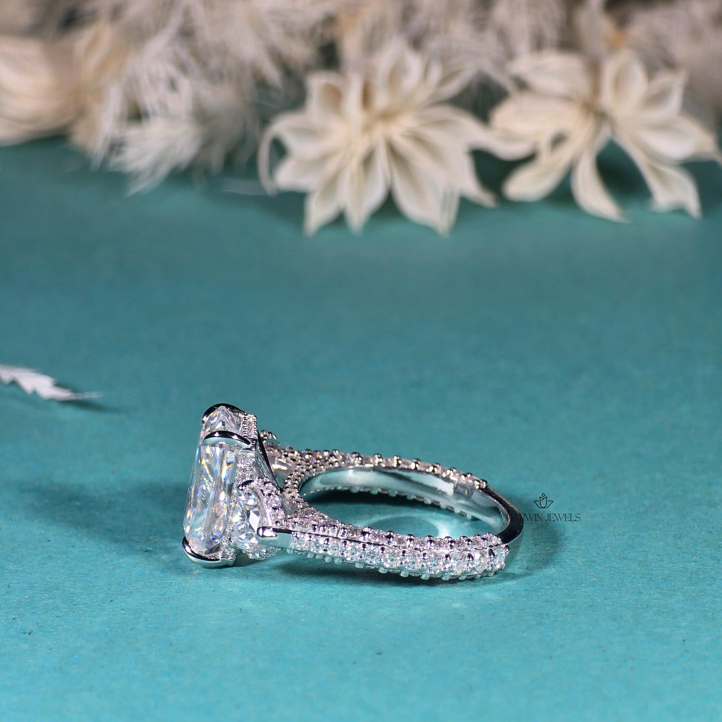 Radiant Cut Moissanite Engagement Ring, Side Stone Heart Cut Ring,Elongated Radiant,Three Stone Ring ,4.80 CT Pave Set Proposal Wedding Ring