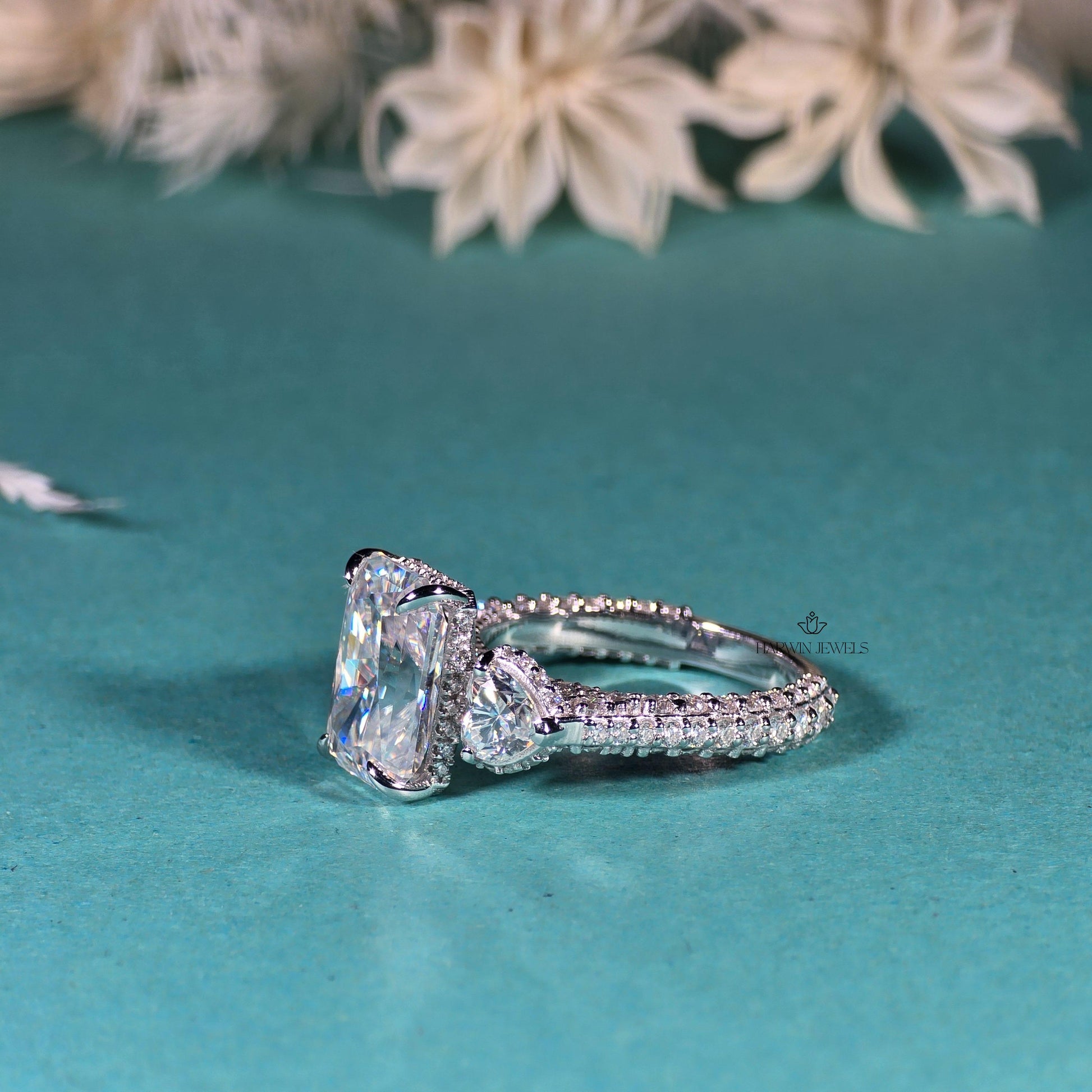 Radiant Cut Moissanite Engagement Ring, Side Stone Heart Cut Ring,Elongated Radiant,Three Stone Ring ,4.80 CT Pave Set Proposal Wedding Ring