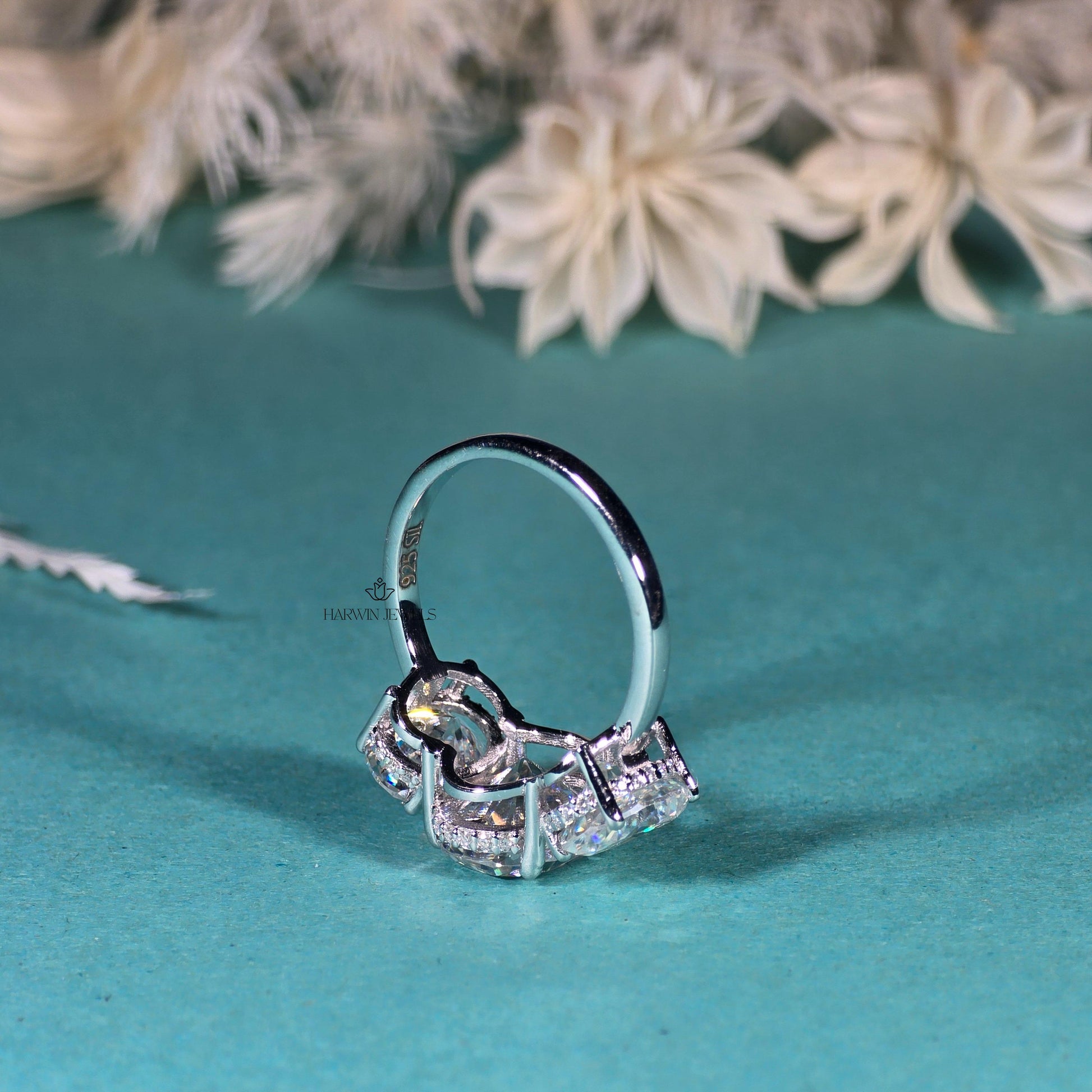 14K White Gold Three Stone Ring, 1.50 CT Oval Cut Moissanite Engagement Ring, Two Round Side Stone Wedding Ring, Anniversary Unique Gift