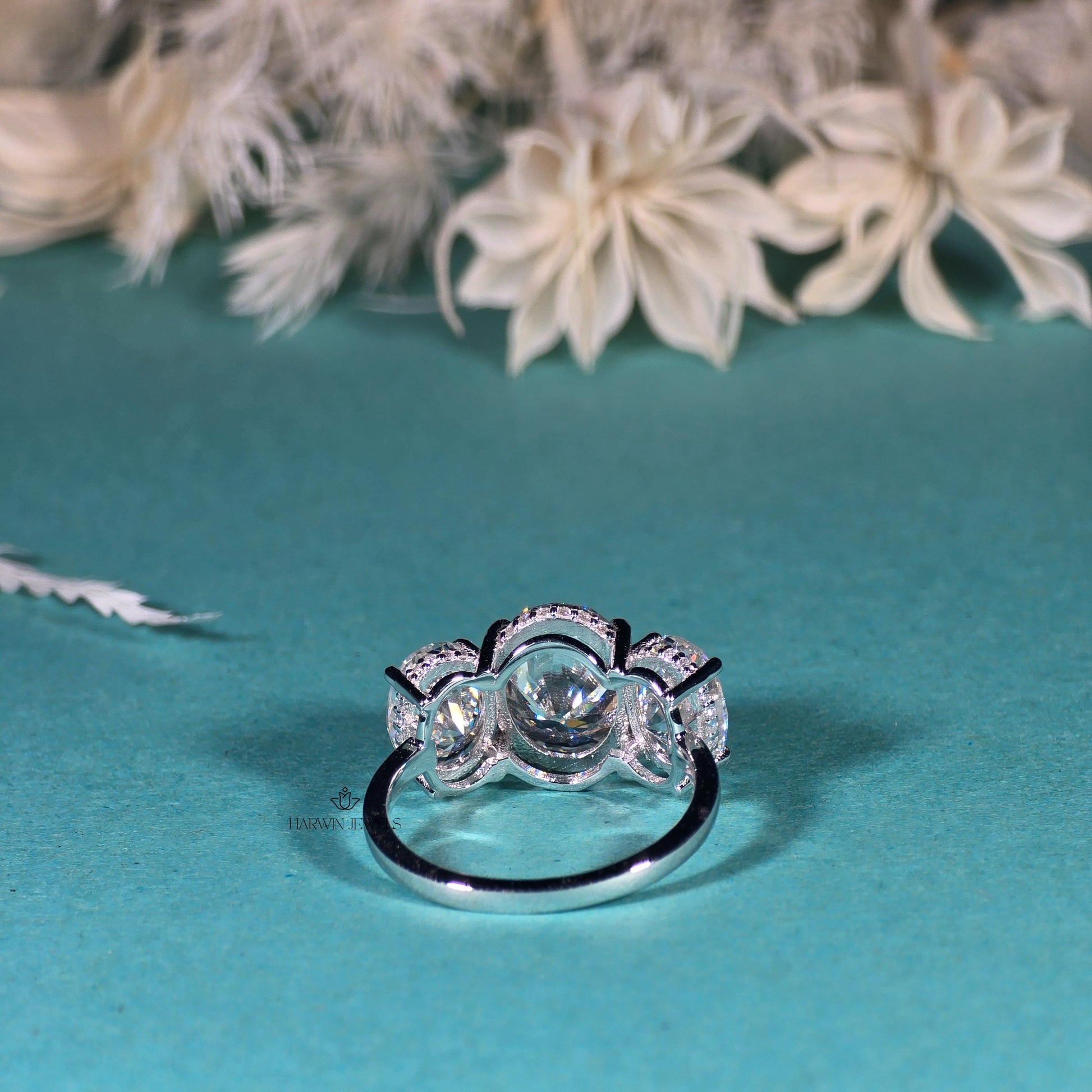 14K White Gold Three Stone Ring, 1.50 CT Oval Cut Moissanite Engagement Ring, Two Round Side Stone Wedding Ring, Anniversary Unique Gift