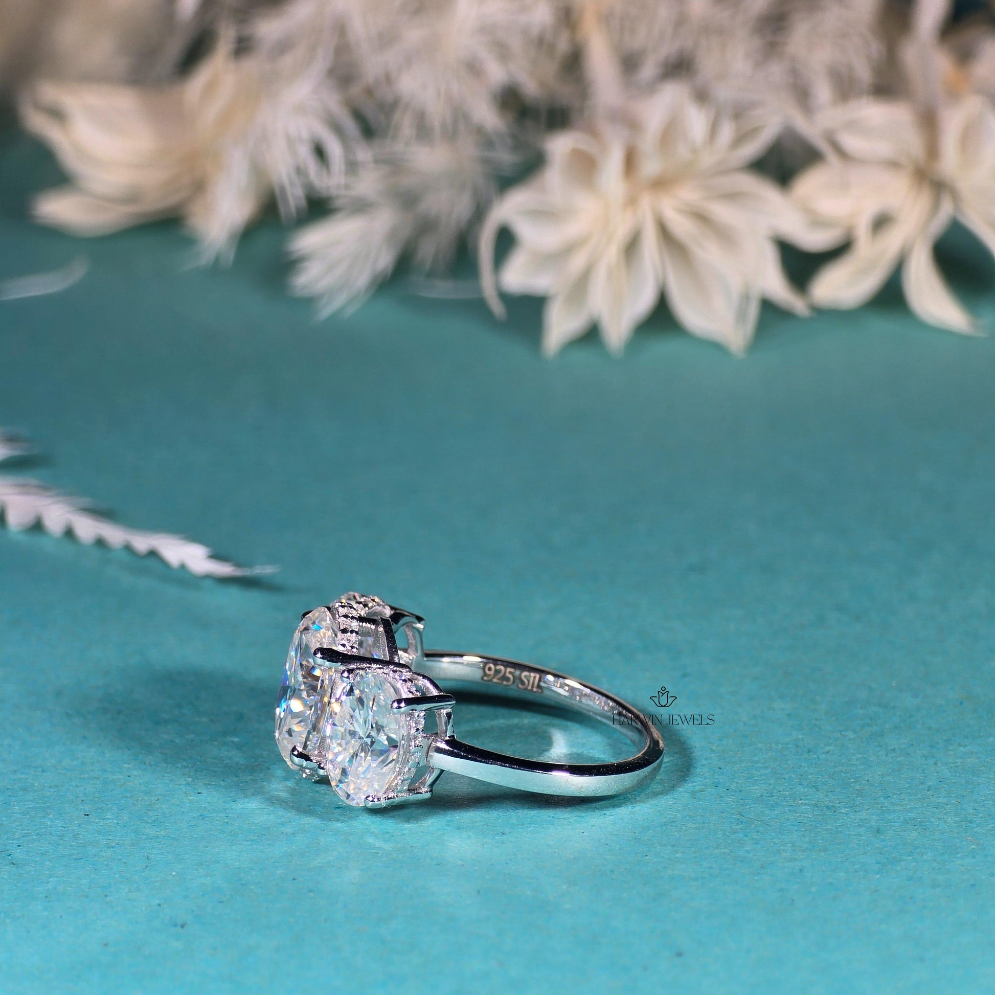 14K White Gold Three Stone Ring, 1.50 CT Oval Cut Moissanite Engagement Ring, Two Round Side Stone Wedding Ring, Anniversary Unique Gift