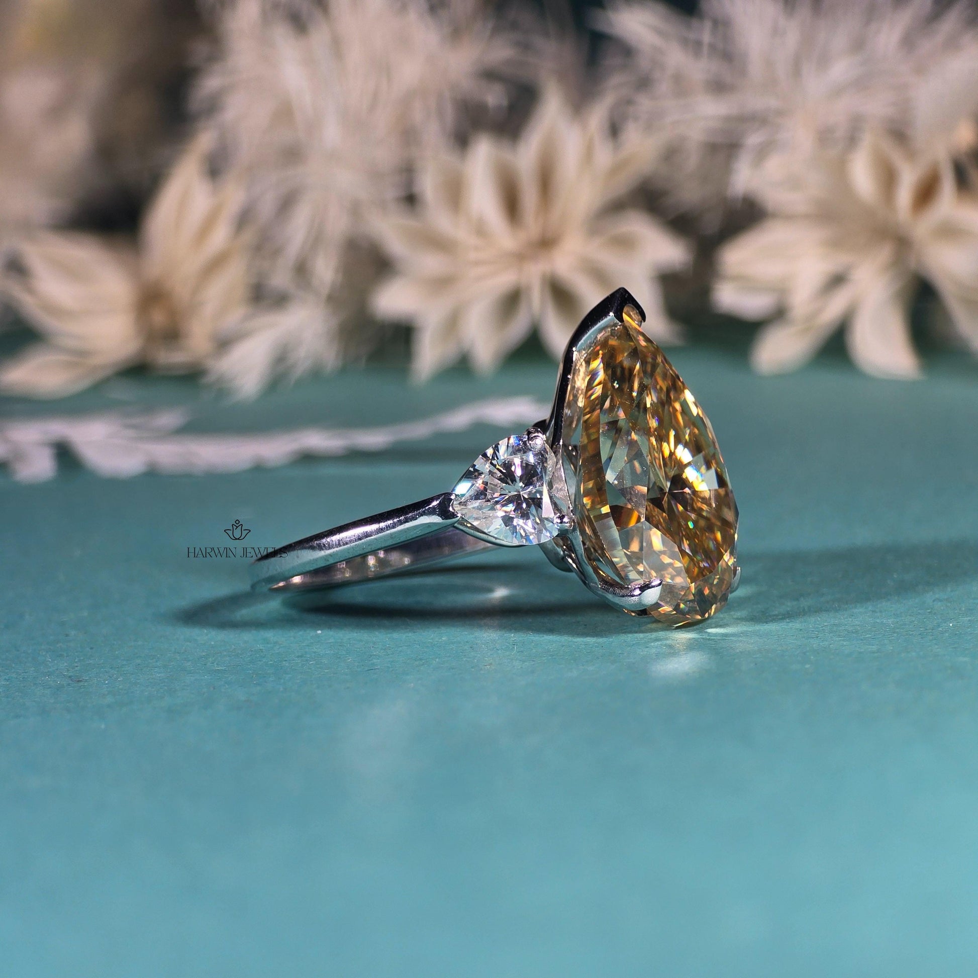 Three Stone 10.0 CT Yellow pear Moissanite Ring Engagement Ring with Wedding Gift, Ring For Women's, Tear Drop Ring/ Promise Gift for Her.